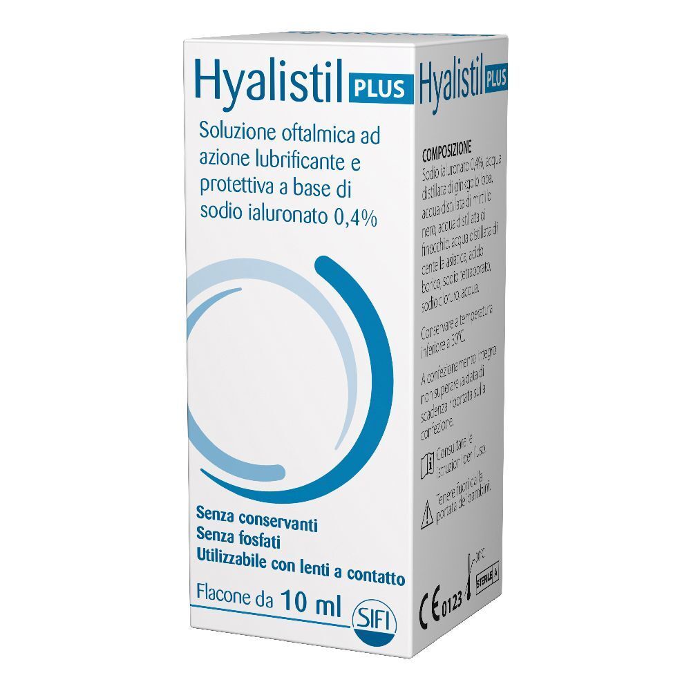 Confezione di Hyalistil Plus. Scritto: collirio, 10 ml, senza conservanti. Con marchio CE.