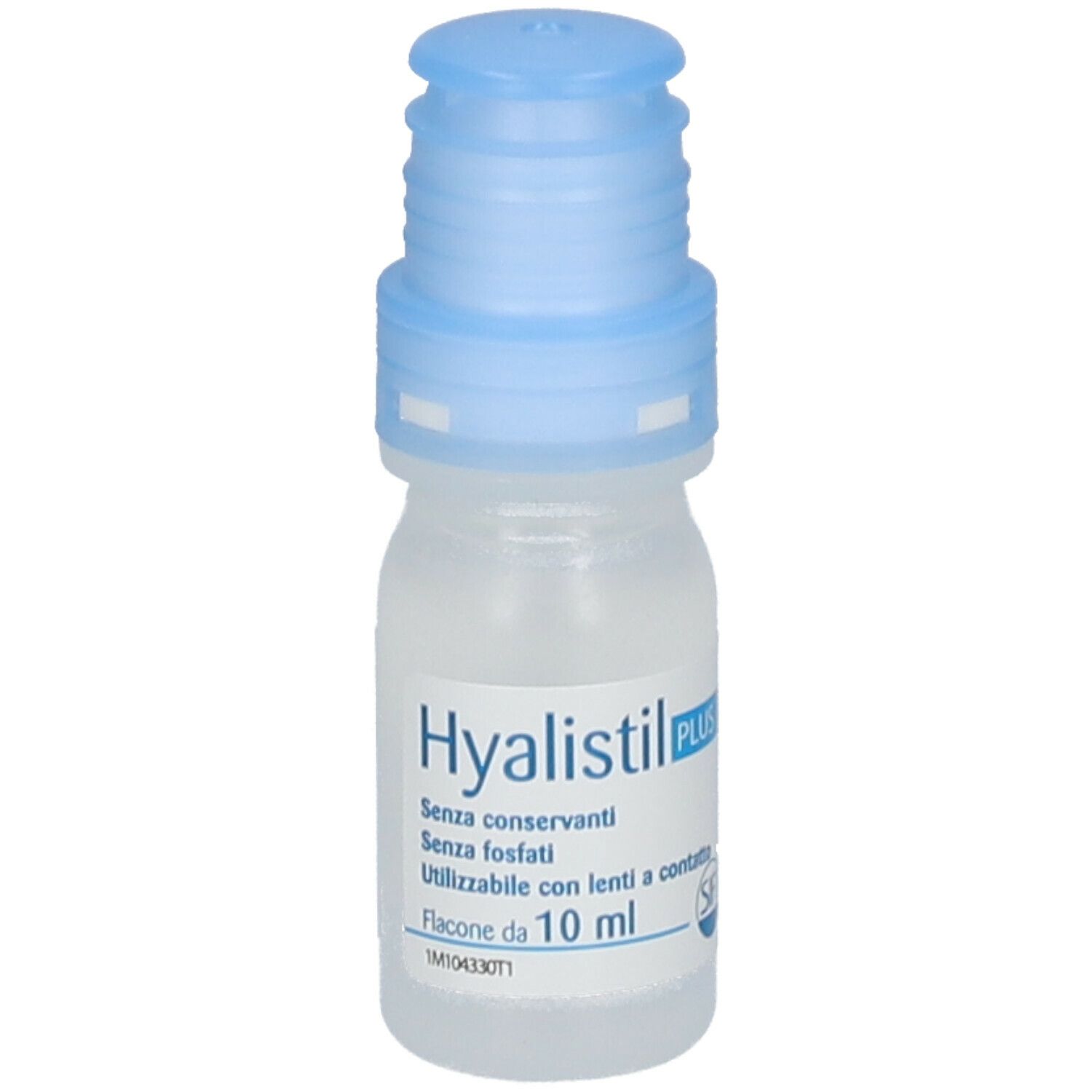 Flacone di collirio Hyalistil Plus con tappo blu. Scritto: 10 ml, senza conservanti. Marchio CE.