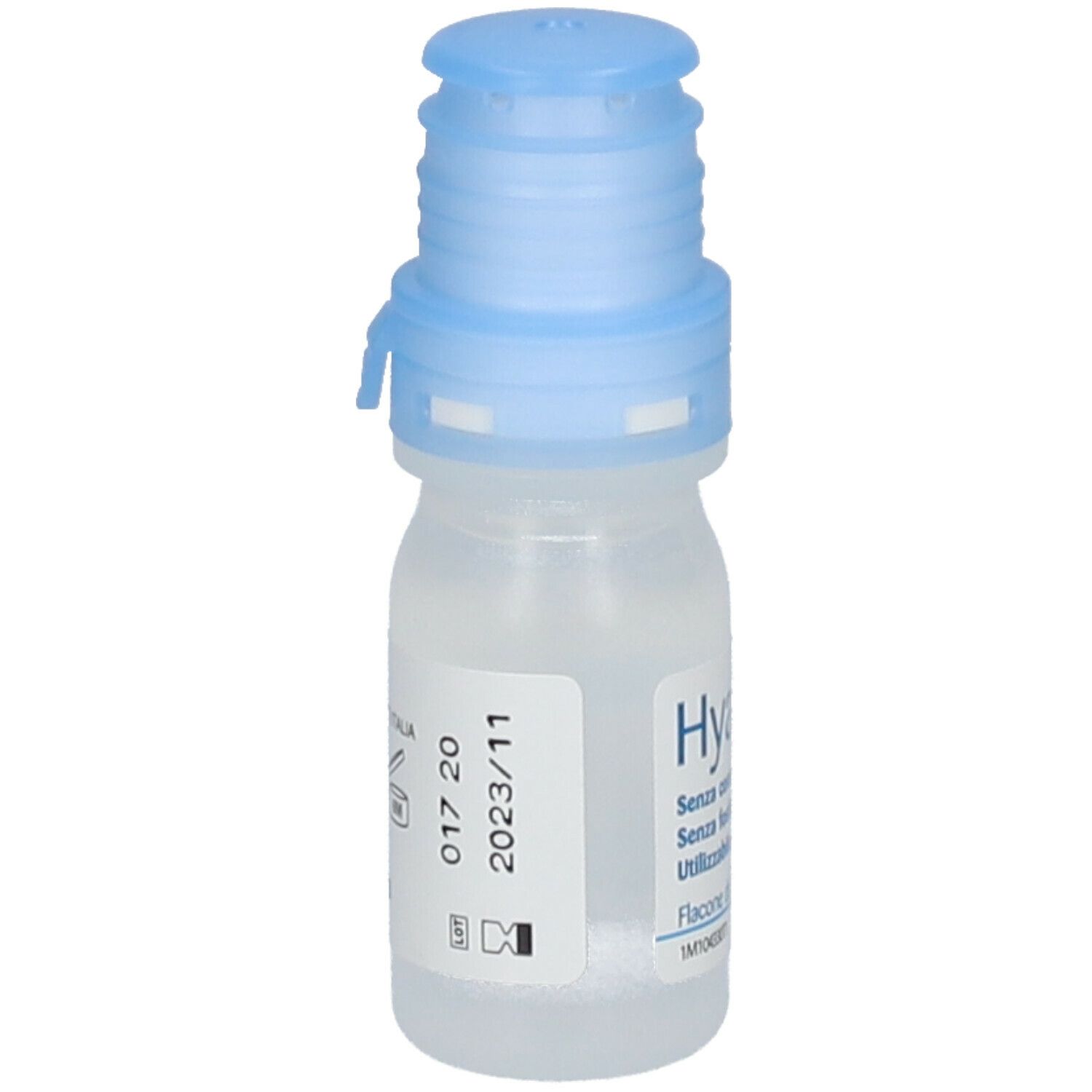 Flacone di collirio Hyalistil Plus con tappo blu. Scritto: 10 ml, senza conservanti. Data di scadenza.