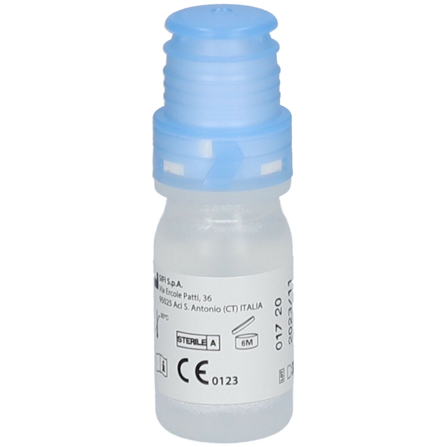 Flacone di collirio Hyalistil Plus con tappo blu. Scritto: 10 ml, senza conservanti. Marchio CE.