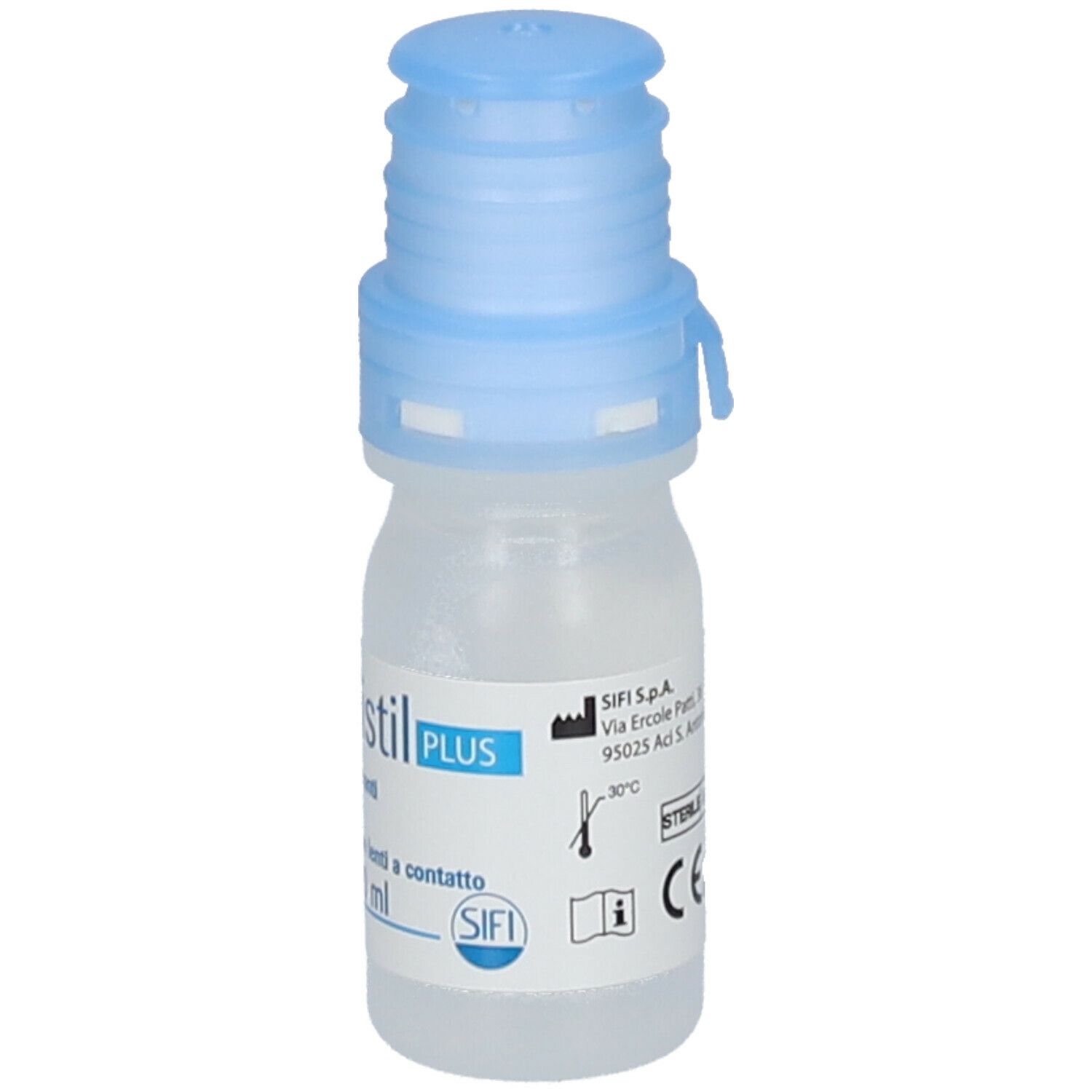 Flacone di collirio Hyalistil Plus con tappo blu. Scritto: 10 ml, senza conservanti. Marchio CE.