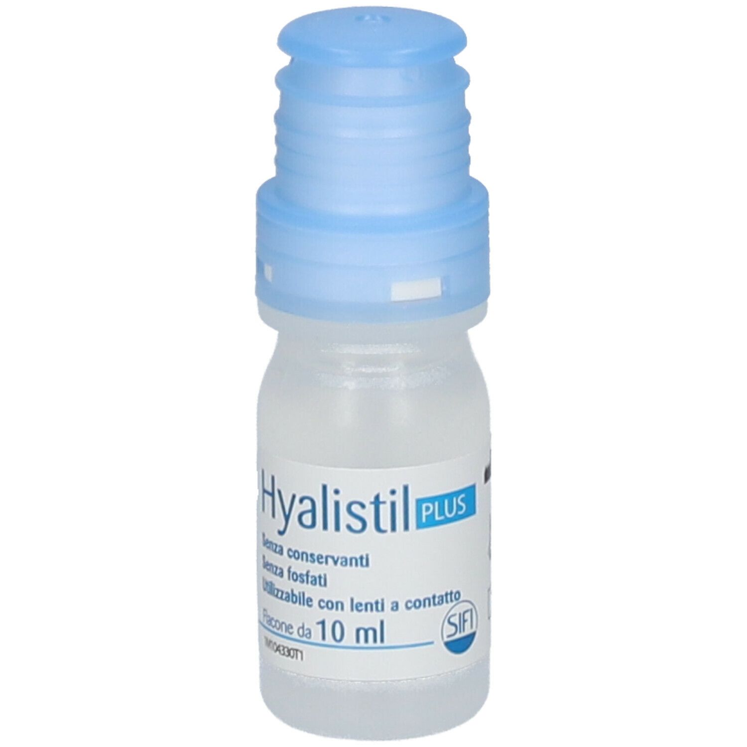 Flacone di collirio Hyalistil Plus con tappo blu. Scritto: 10 ml, senza conservanti. Marchio CE.