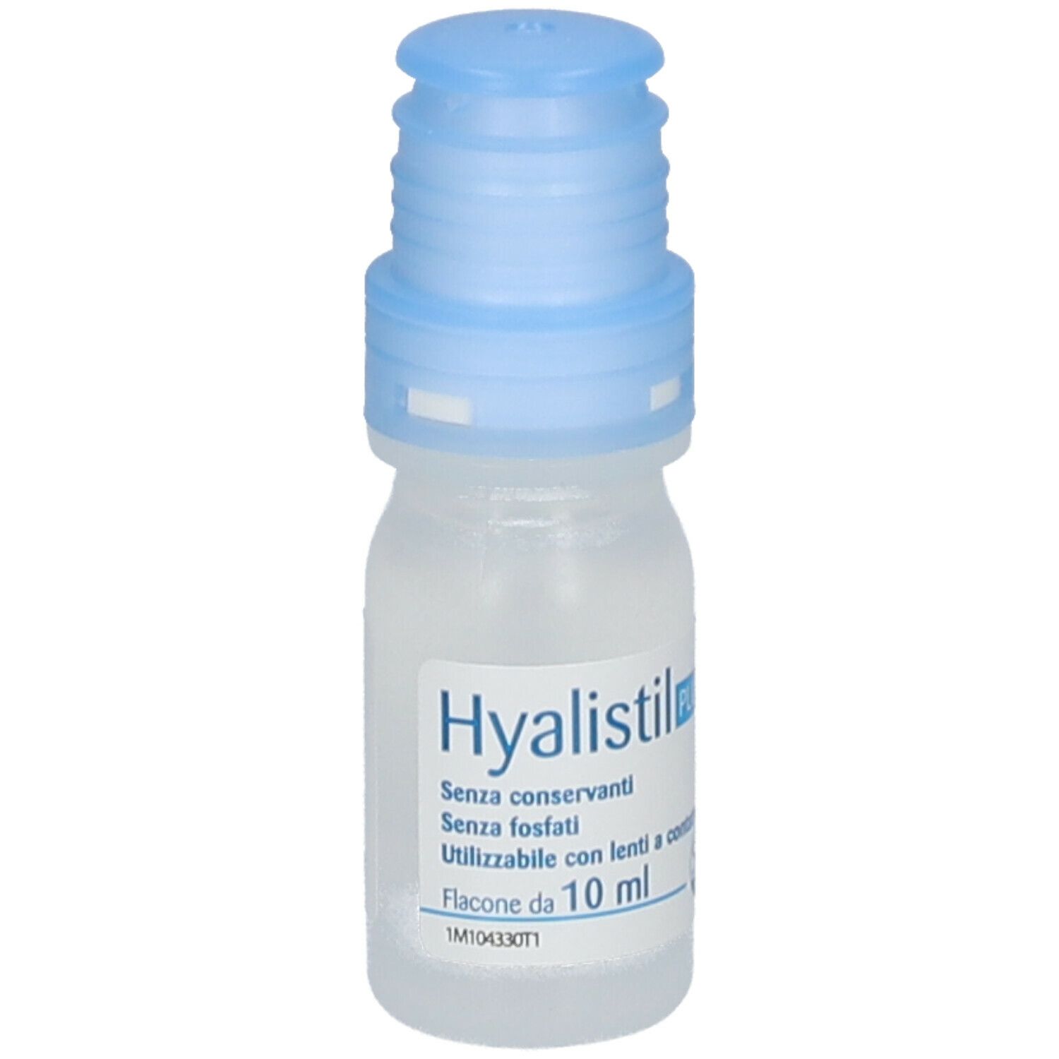 Flacone di collirio Hyalistil Plus con tappo blu. Scritto: 10 ml, senza conservanti. Marchio CE.