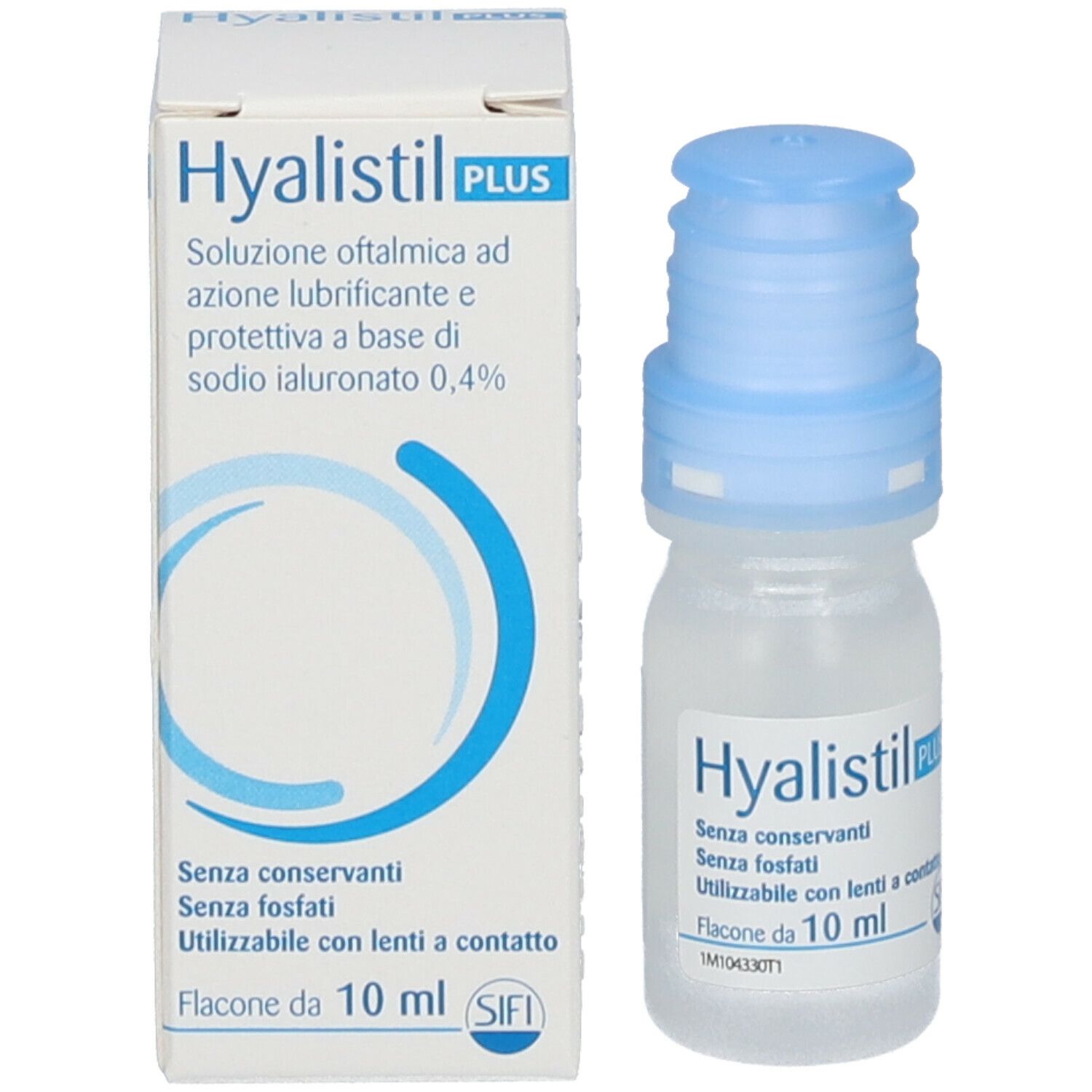 Flacone di collirio Hyalistil Plus con tappo blu. Scritto: 10 ml, senza conservanti. Marchio CE.