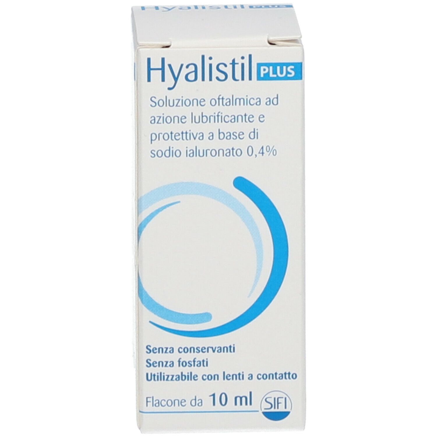 Flacone e confezione di collirio Hyalistil Plus. Scritto: 10 ml, senza conservanti. Marchio CE.