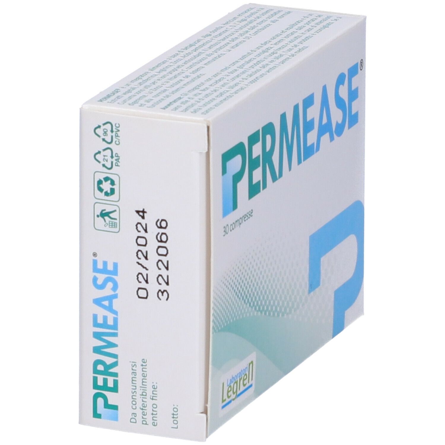 Scatola PERMEASE, vista laterale. Scadenza 02/2024. Marchio Legren.