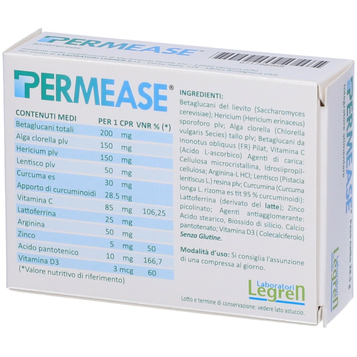 Scatola PERMEASE, retro con ingredienti e informazioni nutrizionali. Marchio Legren.