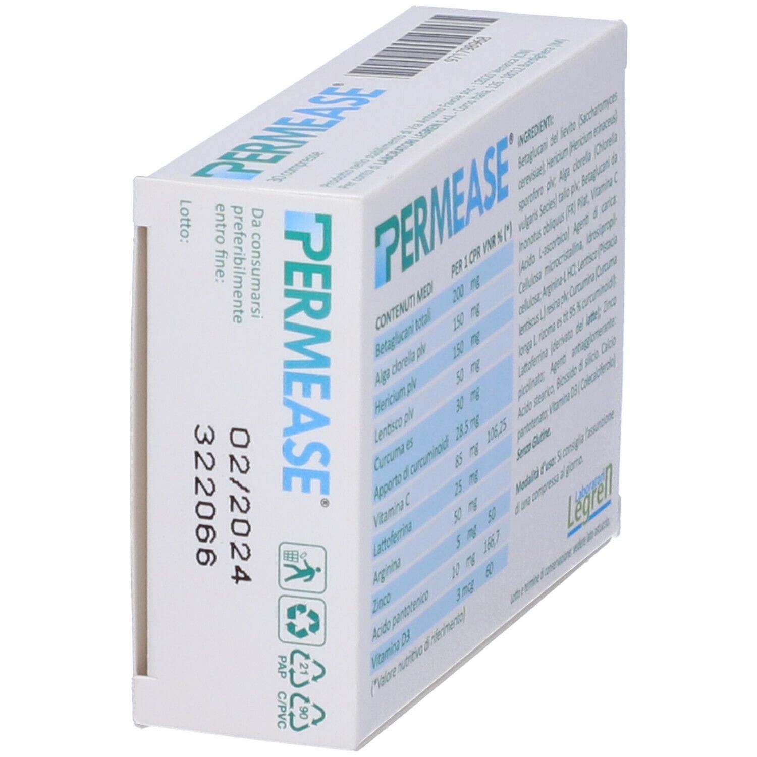 Scatola PERMEASE, retro con ingredienti e informazioni nutrizionali. Marchio Legren.