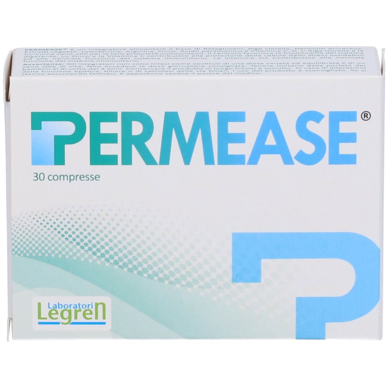 Scatola PERMEASE con 30 compresse. Marchio Legren.