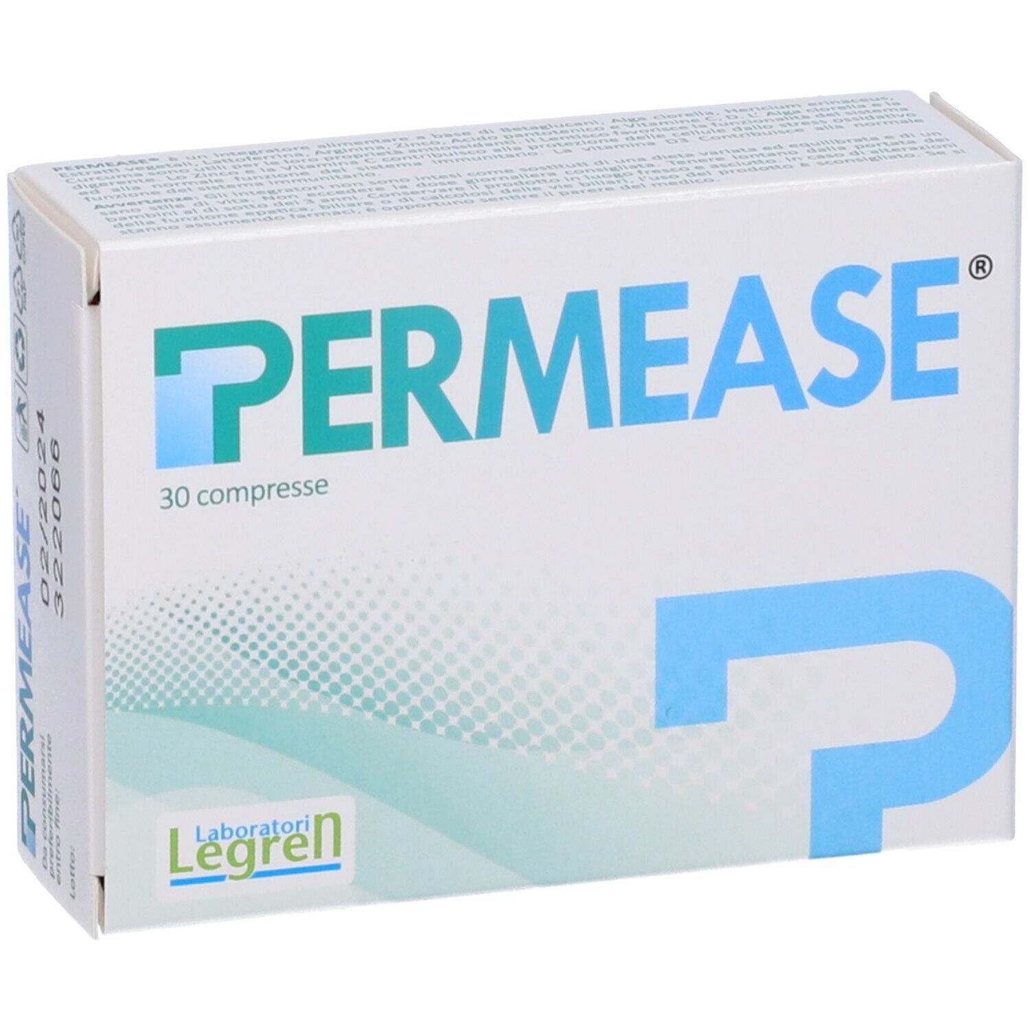 Scatola PERMEASE con 30 compresse. Marchio Legren.