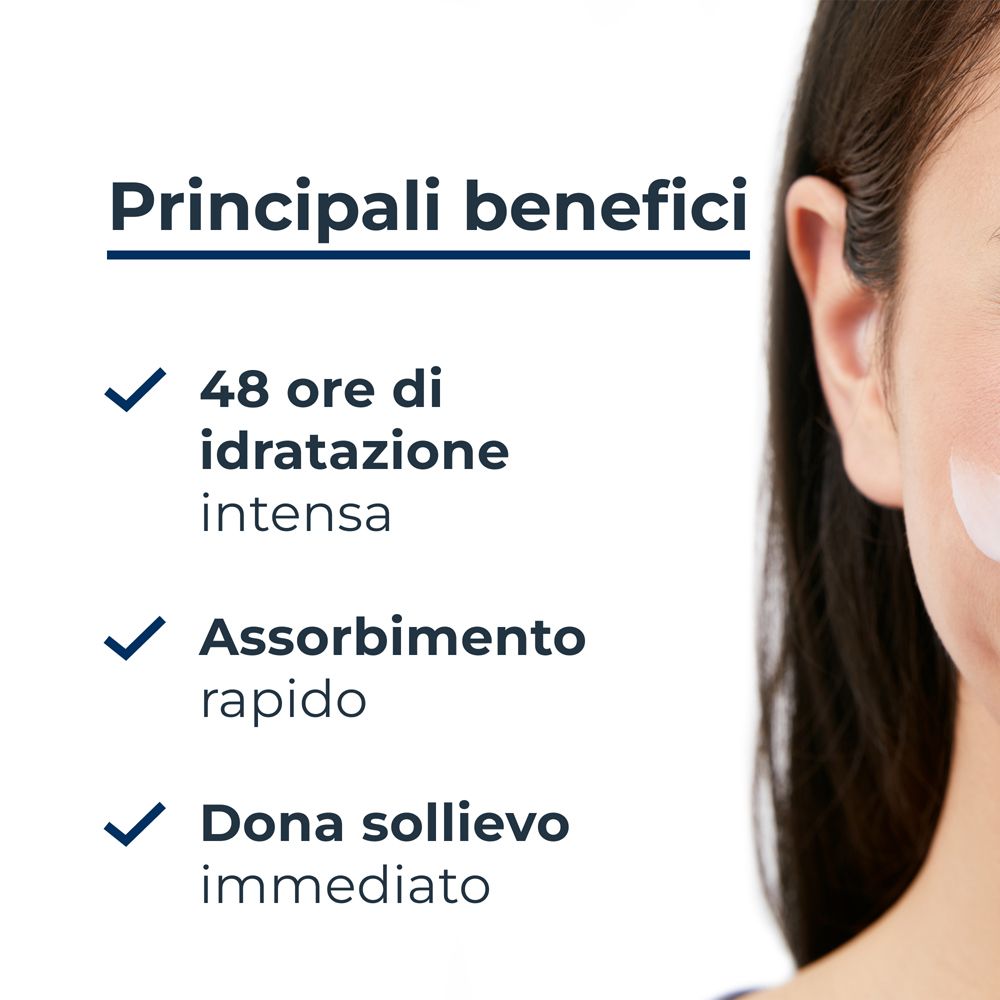 Benefici della crema viso: 48 ore di idratazione, rapido assorbimento, sollievo immediato. Testo su sfondo blu.