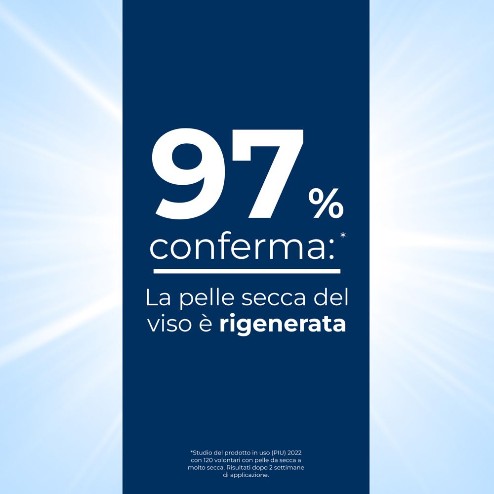 Testo su sfondo blu: il 97% conferma che la pelle secca del viso è rigenerata.