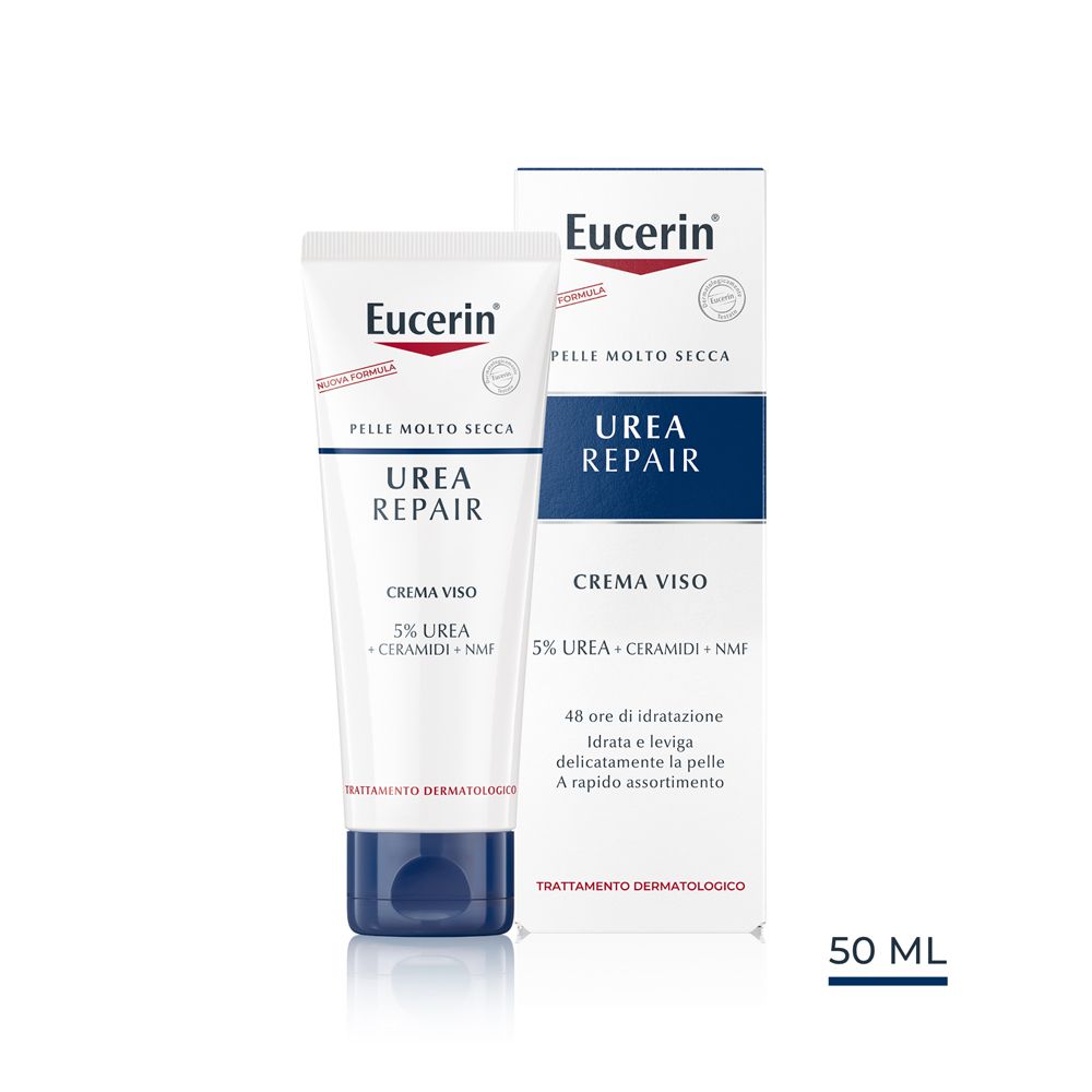 Eucerin Urea Repair Crema Viso 5% Urea. Tubo e scatola con informazioni sul prodotto. 50 ml.
