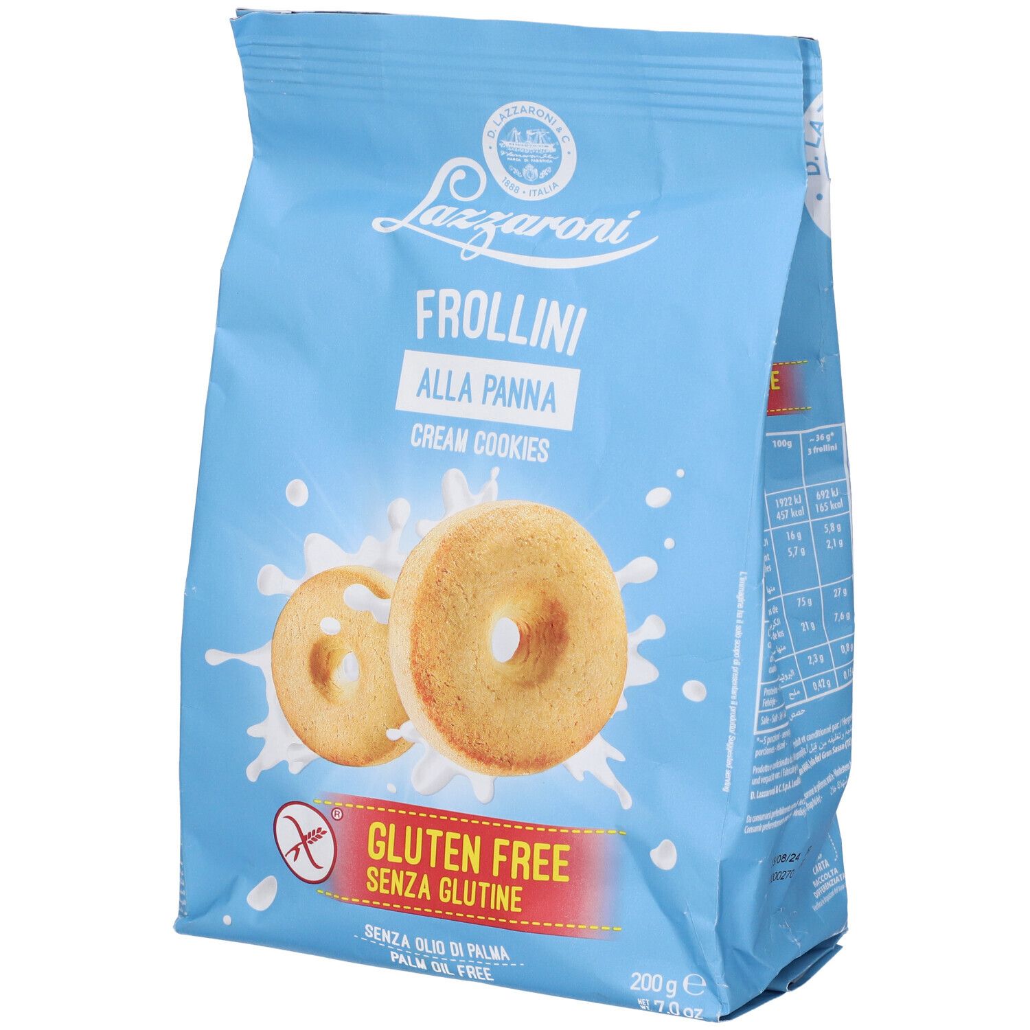 Confezione azzurra con biscotti. Scritta: Lazzaroni Frollini alla Panna, senza glutine. Due biscotti con schizzi di latte.