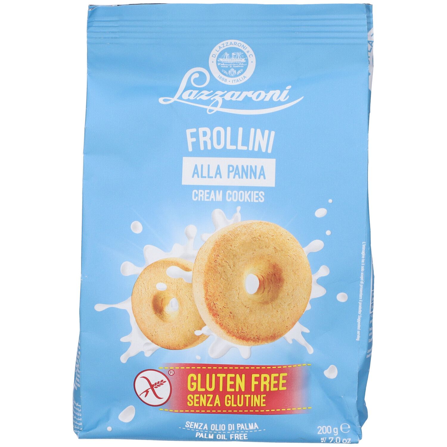Confezione azzurra con biscotti. Scritta: Lazzaroni Frollini alla Panna, senza glutine. Due biscotti con schizzi di latte.