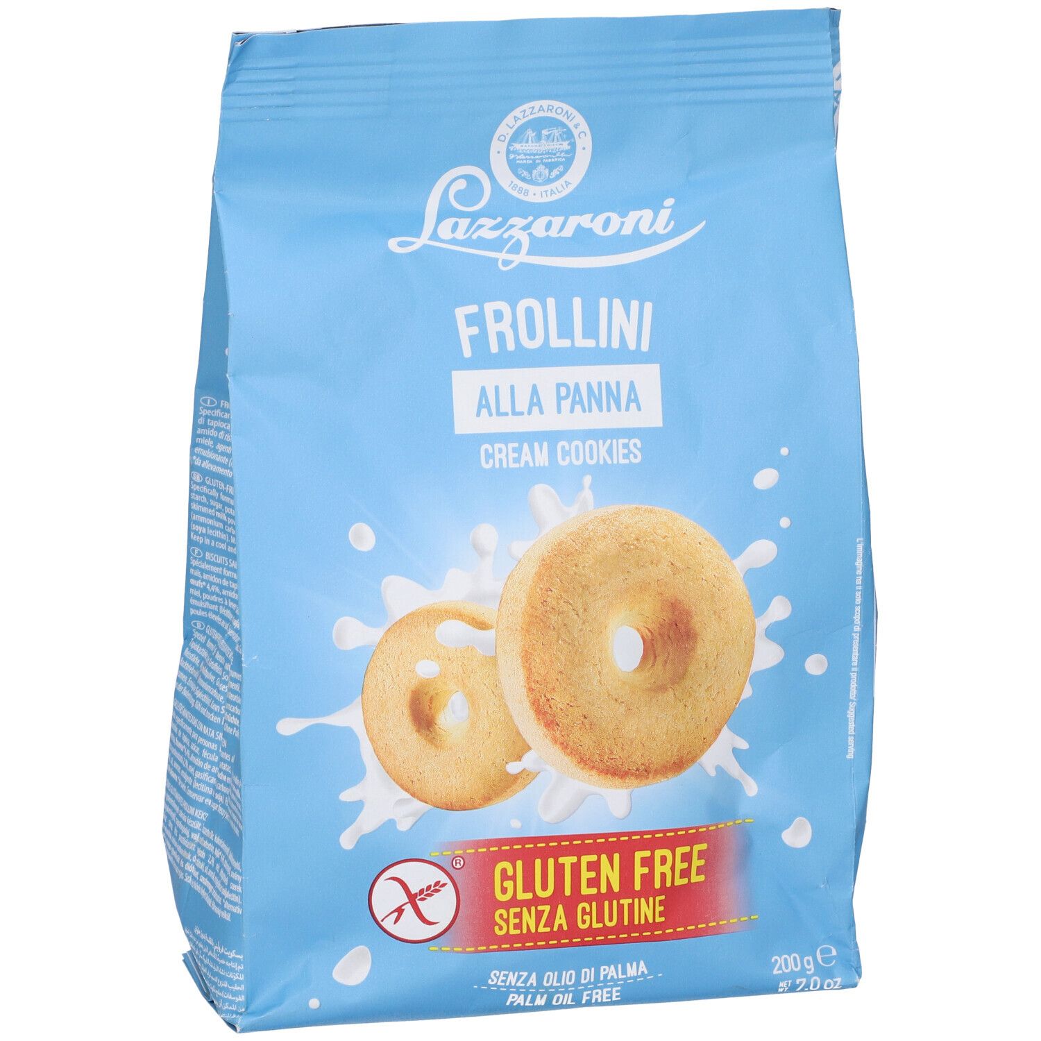 Confezione azzurra con biscotti. Scritta: Lazzaroni Frollini alla Panna, senza glutine. Due biscotti con schizzi di latte.