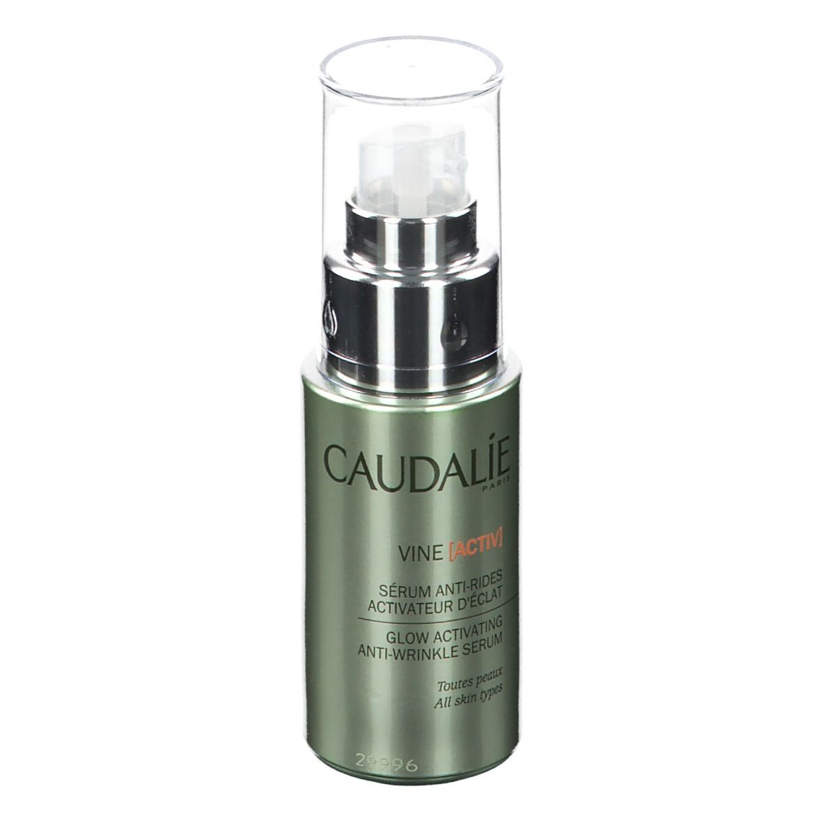 Flacone di siero verde con pompa e tappo trasparente. Scritta CAUDALIE VINE [ACTIV].