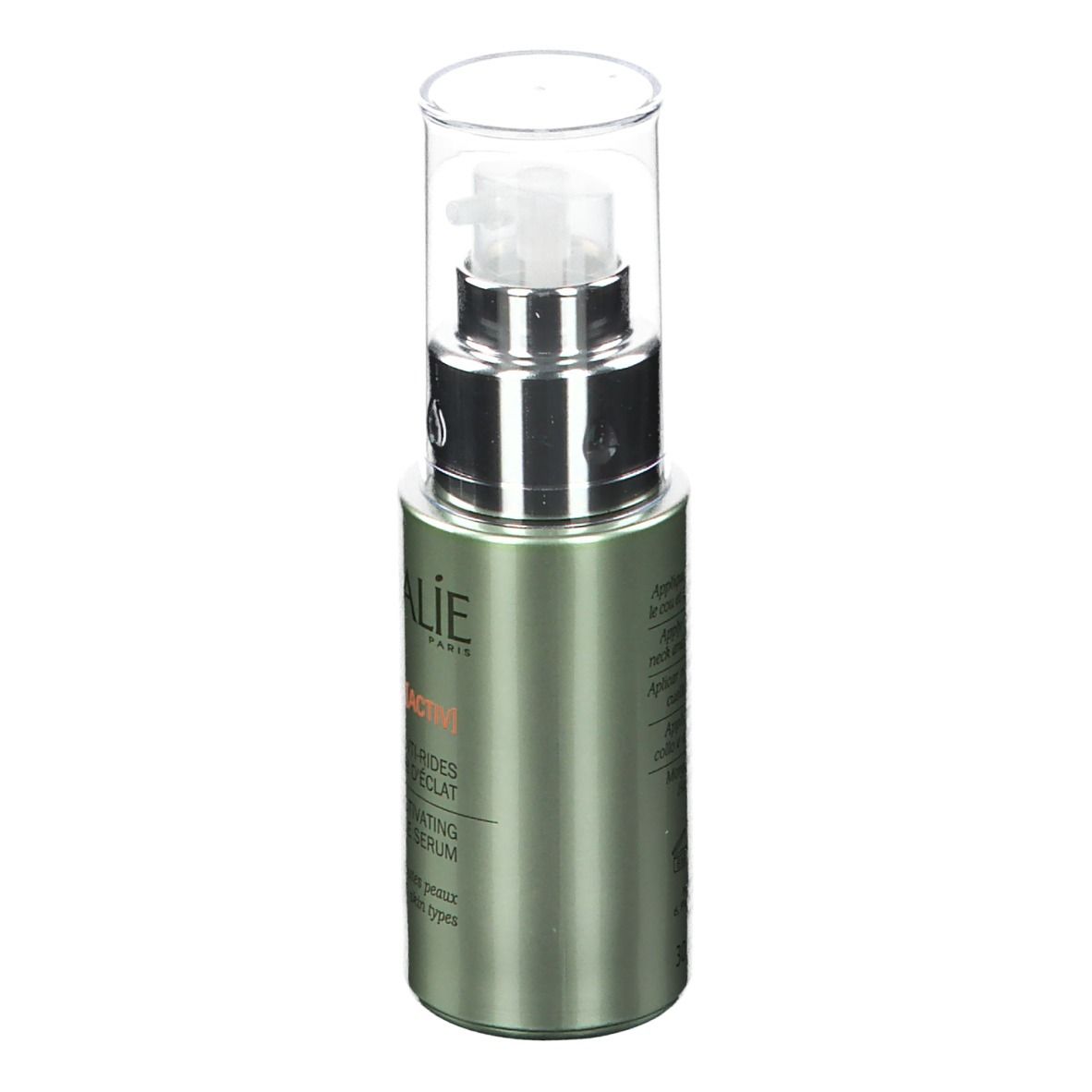 Flacone di siero verde con pompa e tappo trasparente. Retro con testo.