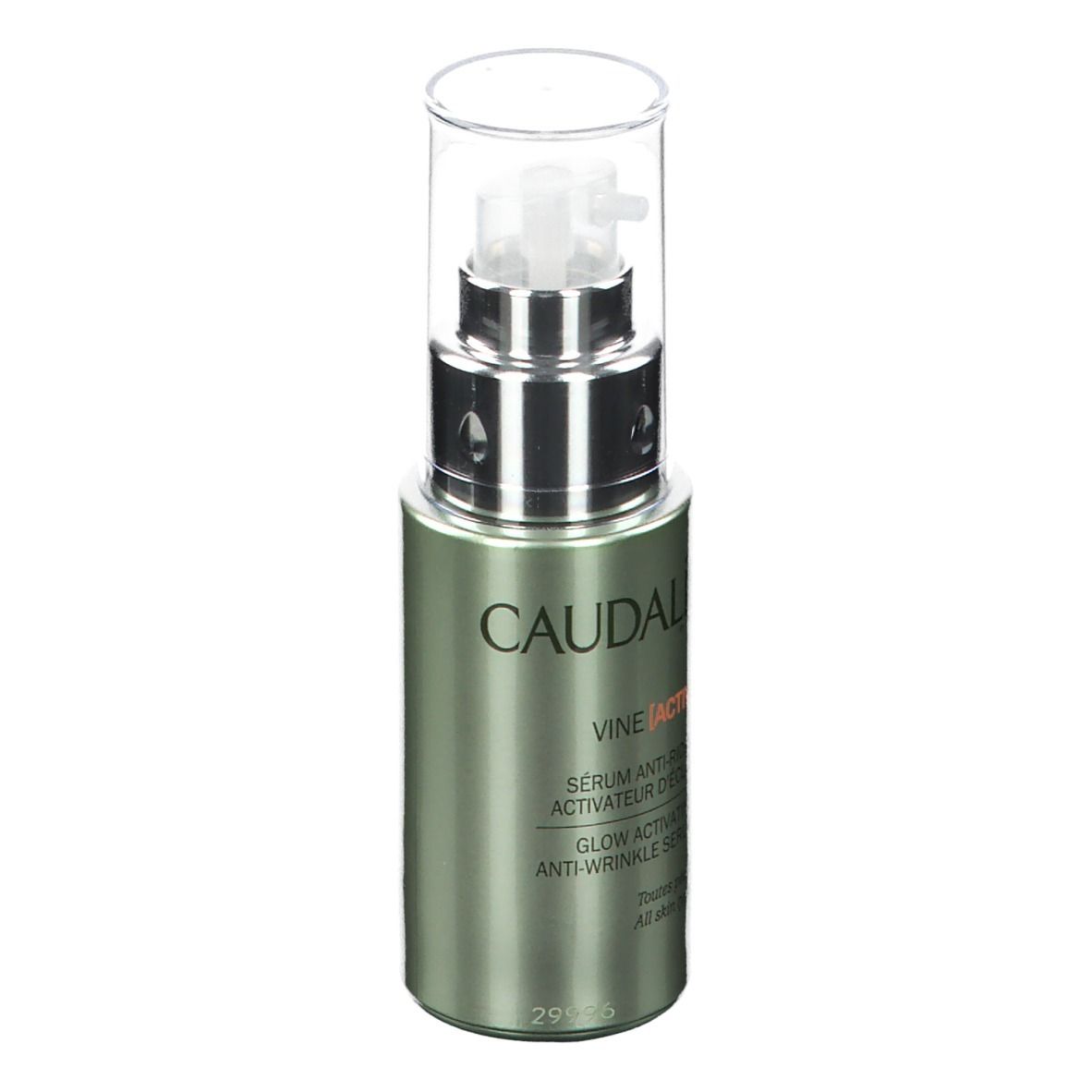 Flacone di siero verde con pompa e tappo trasparente. Scritta CAUDALIE VINE [ACTIV].