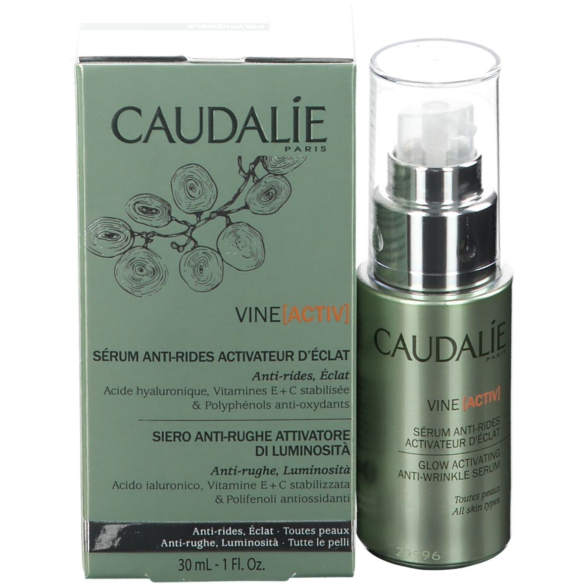 Prodotto e confezione. Flacone di siero verde con pompa e scatola. Scritta CAUDALIE VINE [ACTIV].
