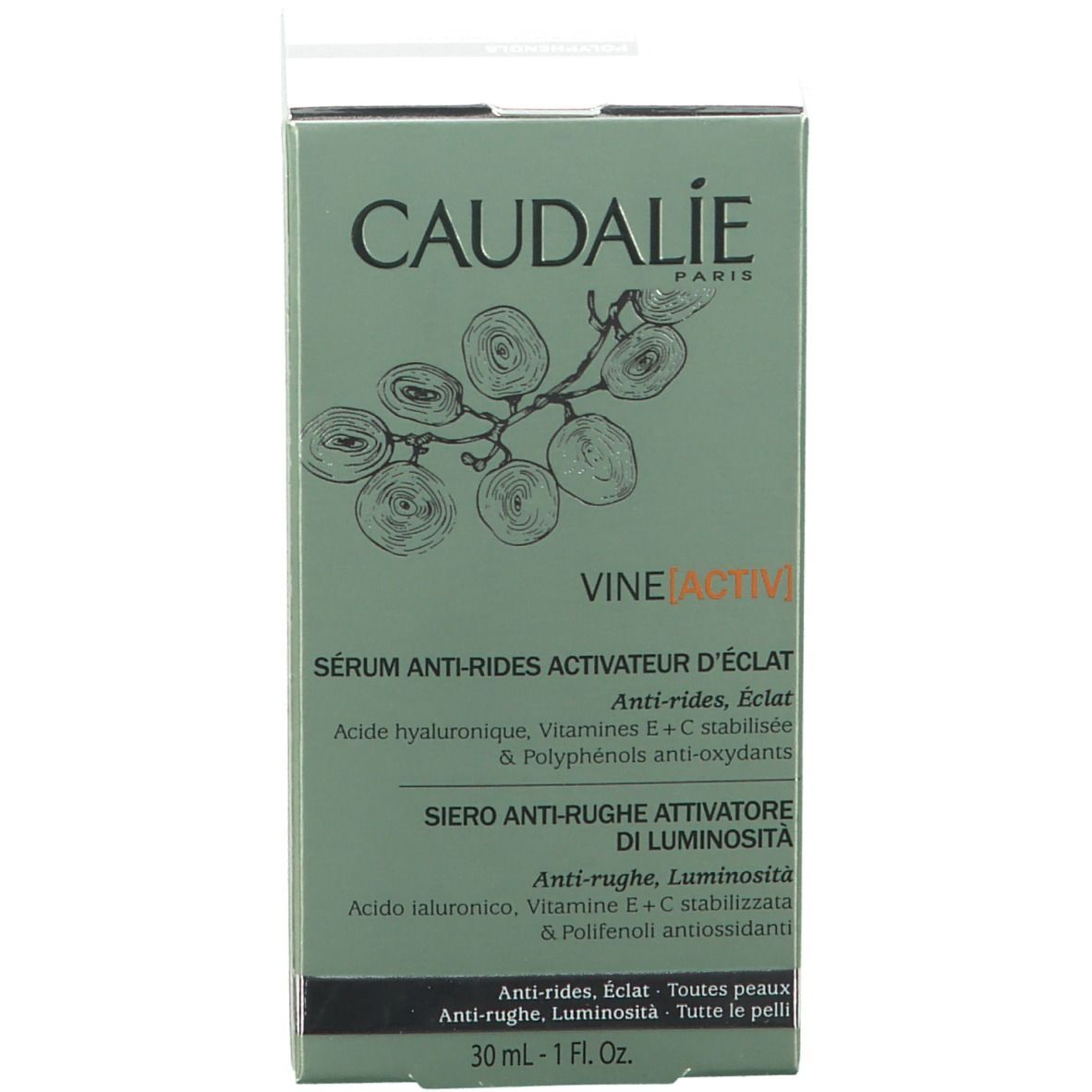 Confezione. Scatola verde con scritta CAUDALIE VINE [ACTIV].