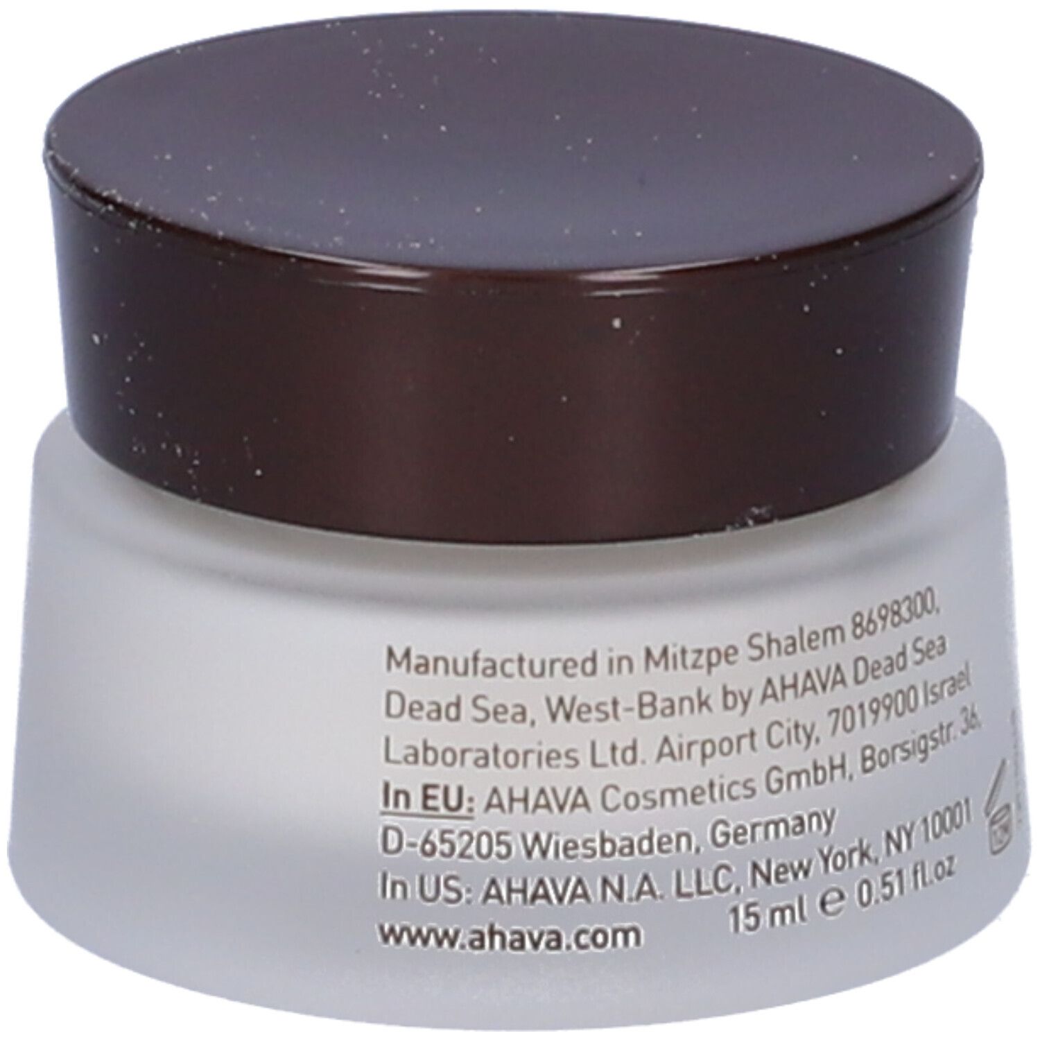Cremebehälter mit braunem Deckel. Aufschrift: AHAVA. Text mit Herstellerinformationen und Volumenangabe: 15 ml.