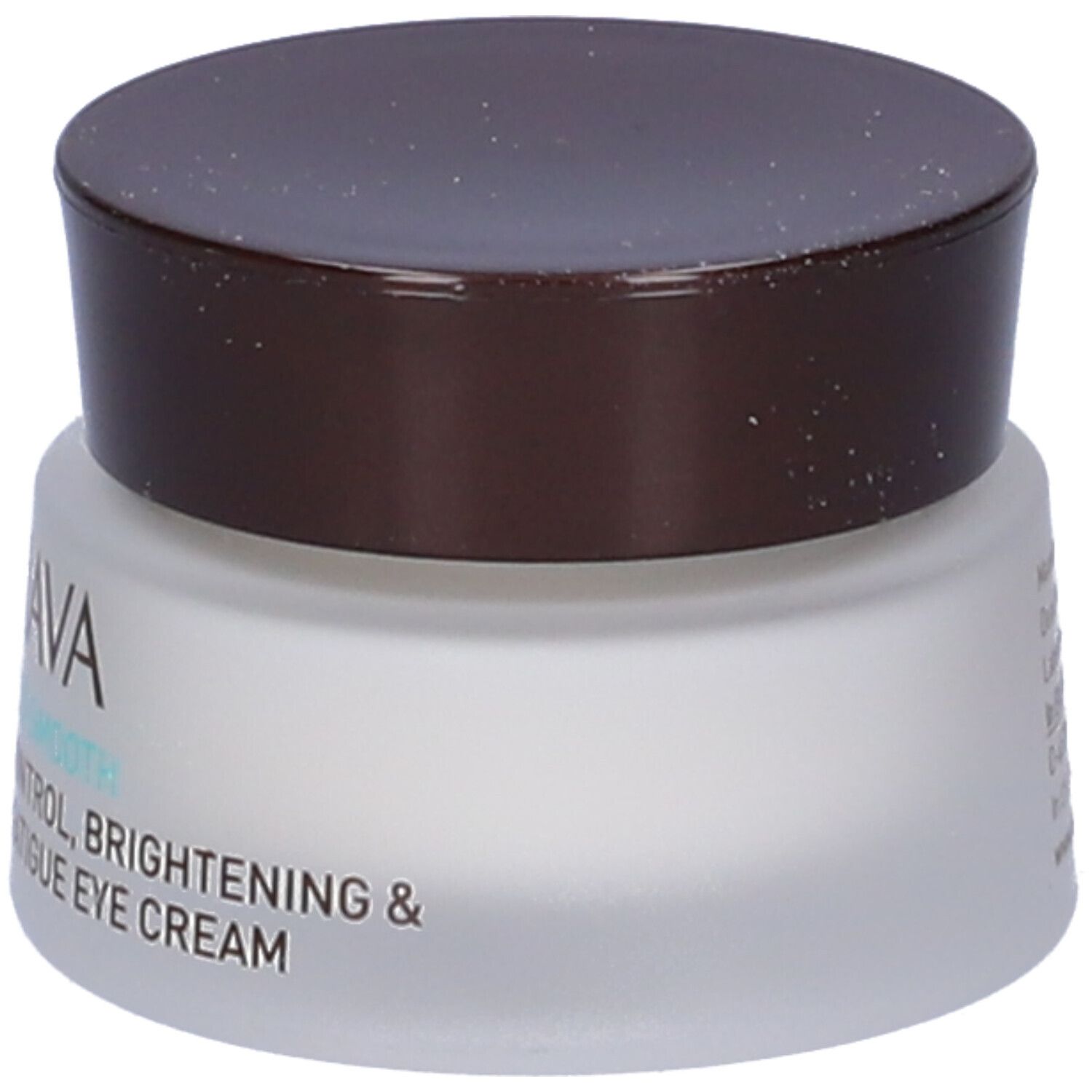 Cremebehälter mit braunem Deckel. Aufschrift: AHAVA, TIME TO SMOOTH, AGE CONTROL, BRIGHTENING & ANTI-FATIGUE EYE CREAM.