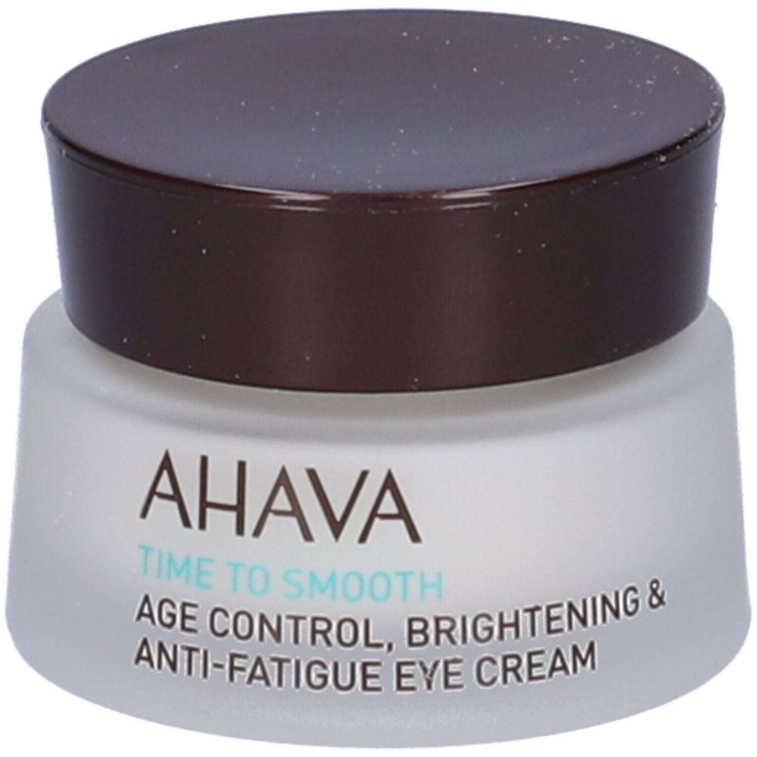 Cremebehälter mit braunem Deckel. Aufschrift: AHAVA, TIME TO SMOOTH, AGE CONTROL, BRIGHTENING & ANTI-FATIGUE EYE CREAM.