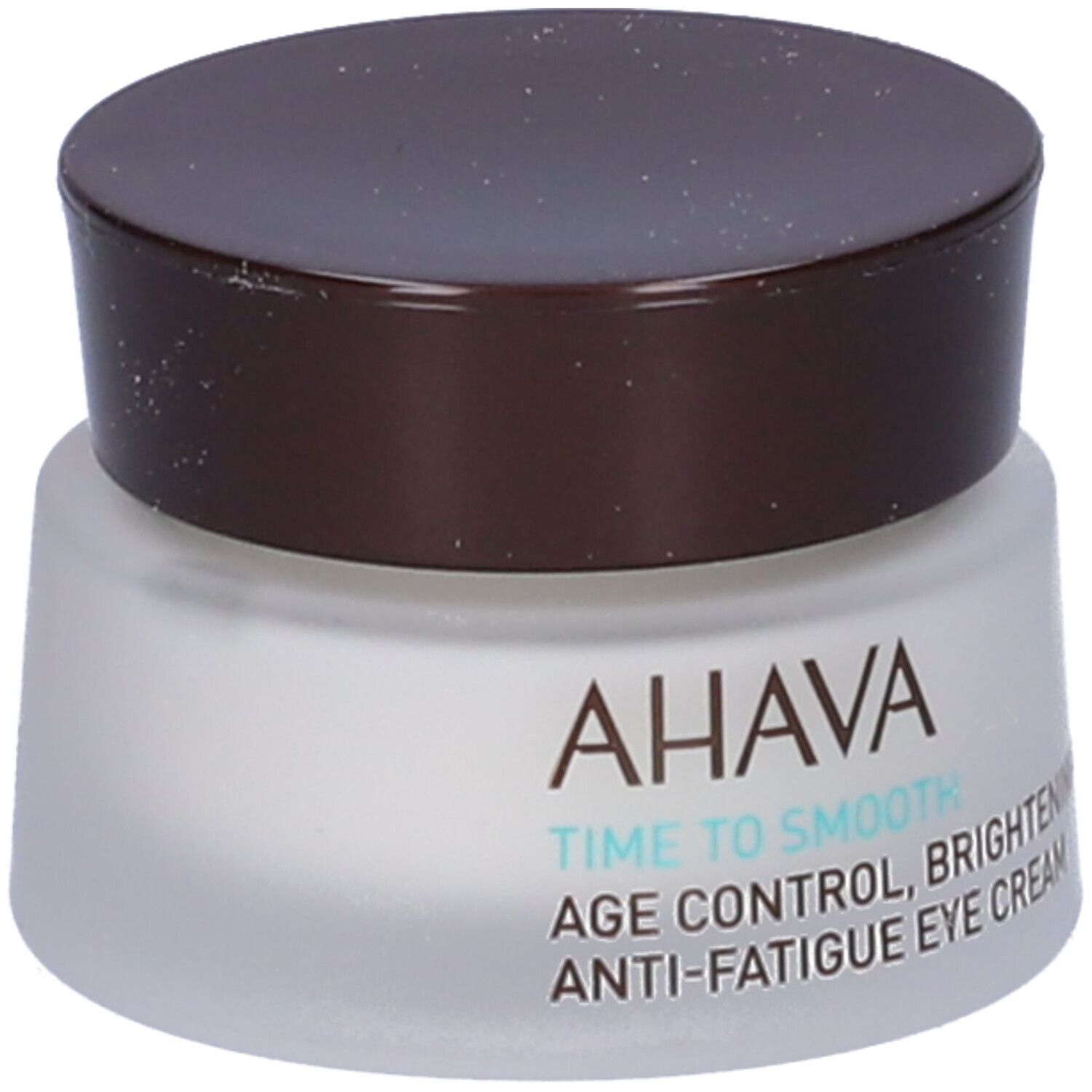Cremebehälter mit braunem Deckel. Aufschrift: AHAVA, TIME TO SMOOTH, AGE CONTROL, BRIGHTENING & ANTI-FATIGUE EYE CREAM.