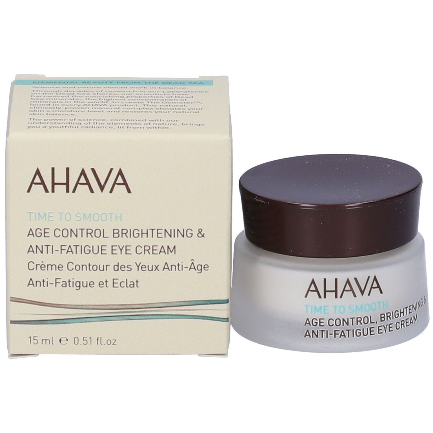 Cremebehälter und Verpackung. Aufschrift: AHAVA, TIME TO SMOOTH, AGE CONTROL, BRIGHTENING & ANTI-FATIGUE EYE CREAM. 15 ml.