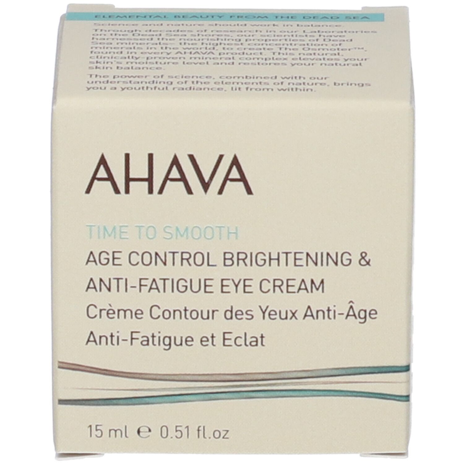 Verpackung mit Aufschrift: AHAVA, TIME TO SMOOTH, AGE CONTROL, BRIGHTENING & ANTI-FATIGUE EYE CREAM. 15 ml.