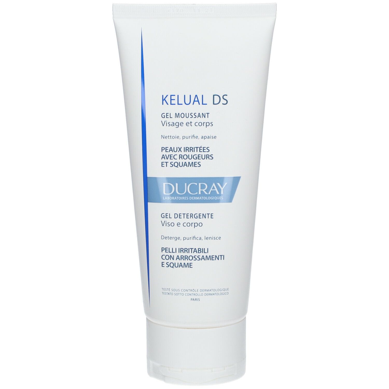 Weißes Tube mit blauem Akzent. Aufschrift: KELUAL DS, Gel moussant, Ducray. Für Gesicht und Körper, bei Hautirritationen mit Rötungen und Schuppen.