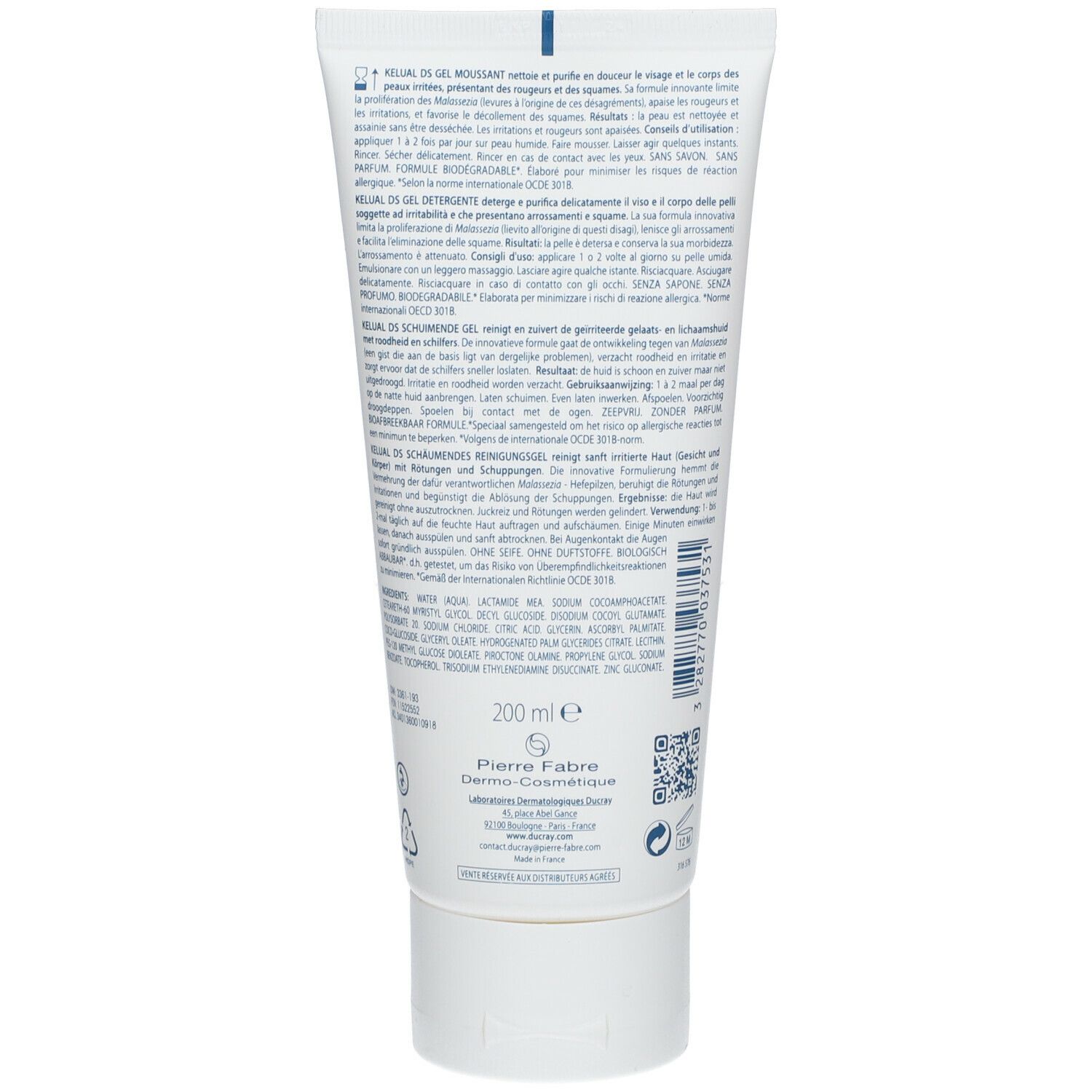Rückseite einer weißen Tube. Text in mehreren Sprachen. Enthält 200 ml. Marke: Pierre Fabre. Mit Inhaltsstoffen und Herstellerinformationen.