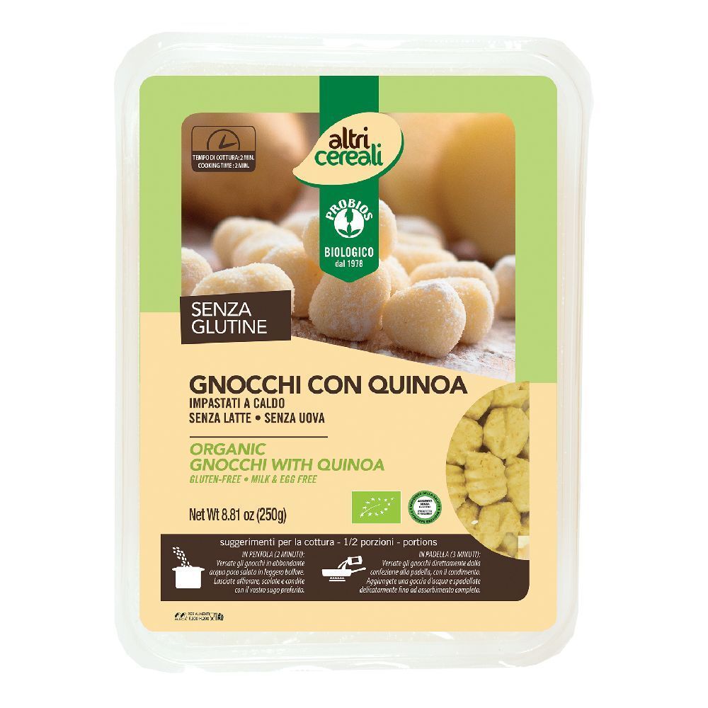 Confezione di gnocchi con quinoa. Scritta: Senza glutine, biologico. Peso netto 250g.