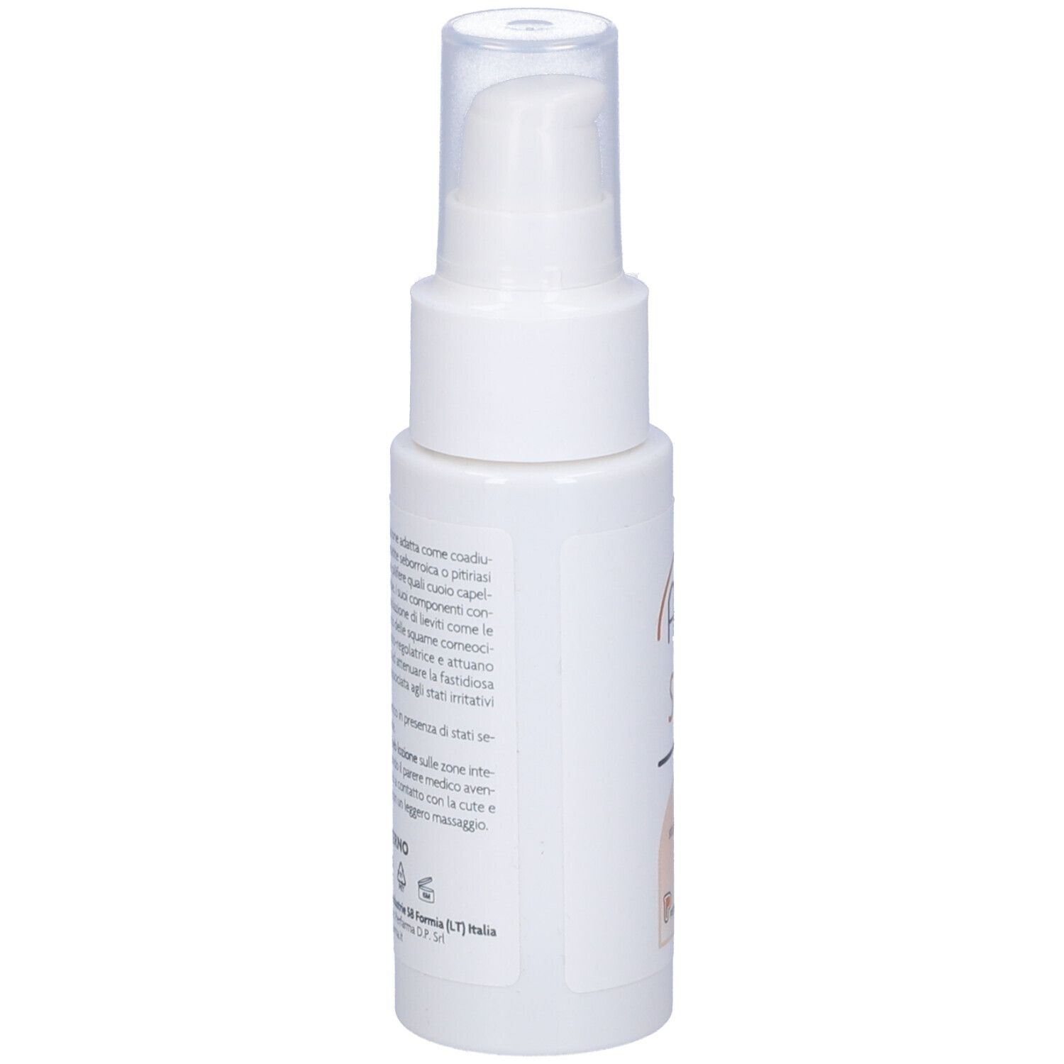 Flacone bianco con erogatore a spruzzo. Scritta: Anfo seb Lozione. Testo sul retro.