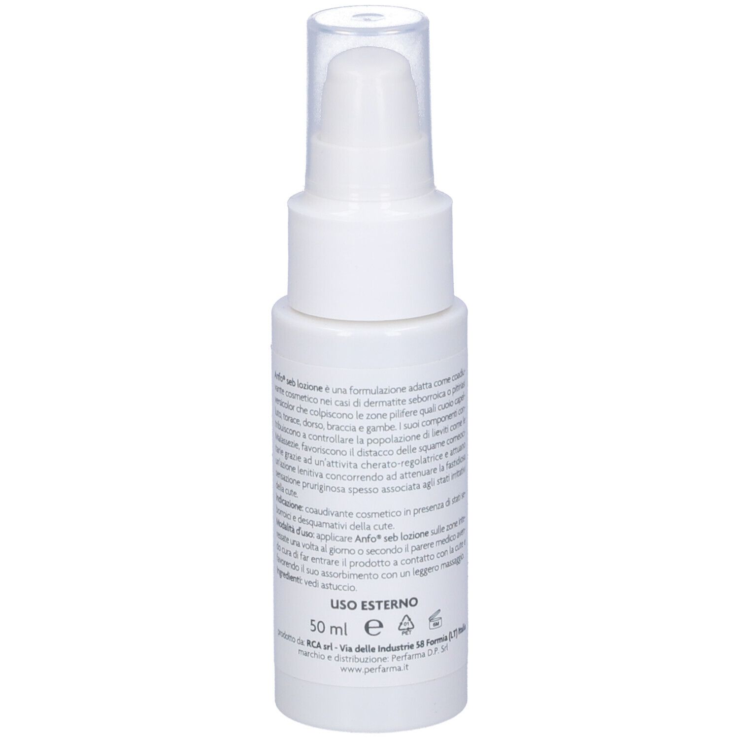 Flacone bianco con erogatore a spruzzo. Scritta: Anfo seb Lozione. Testo sul retro.