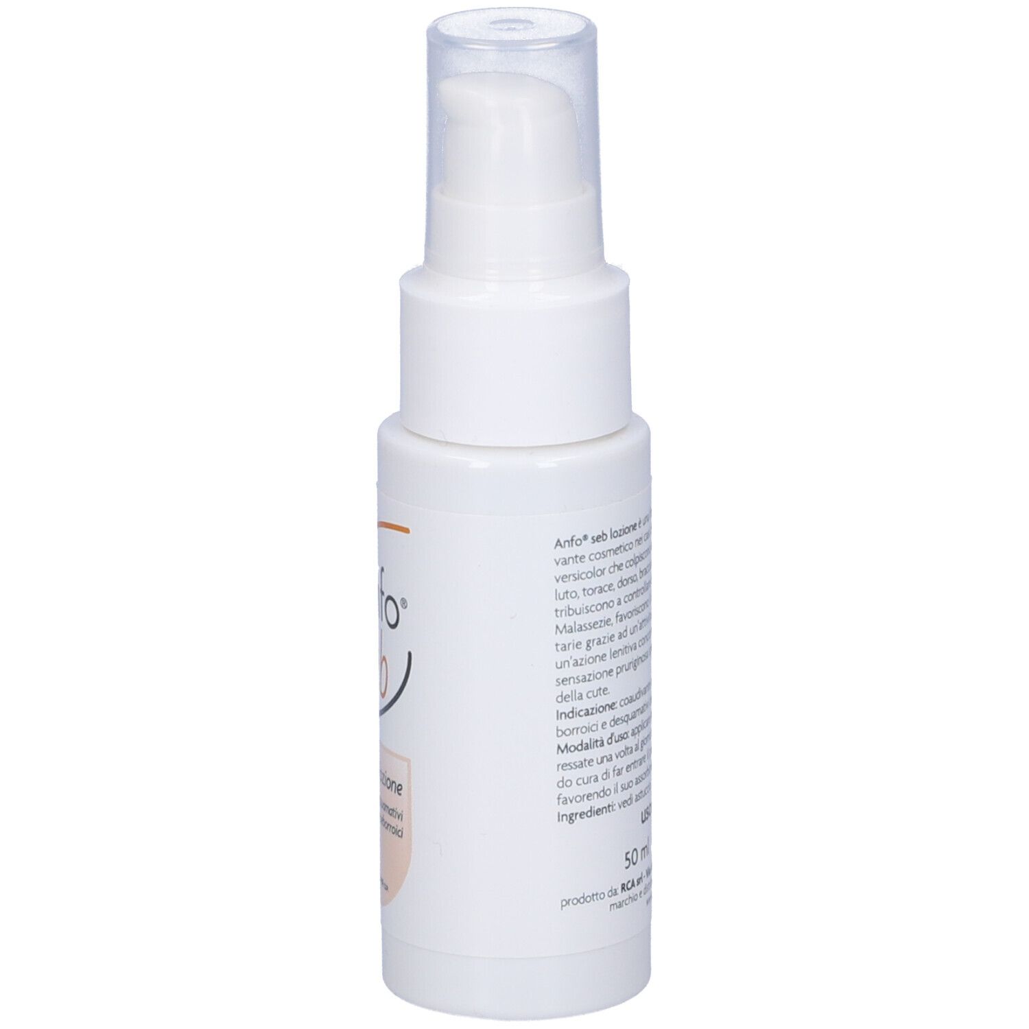 Flacone bianco con erogatore a spruzzo. Scritta: Anfo seb Lozione. Testo sul retro.