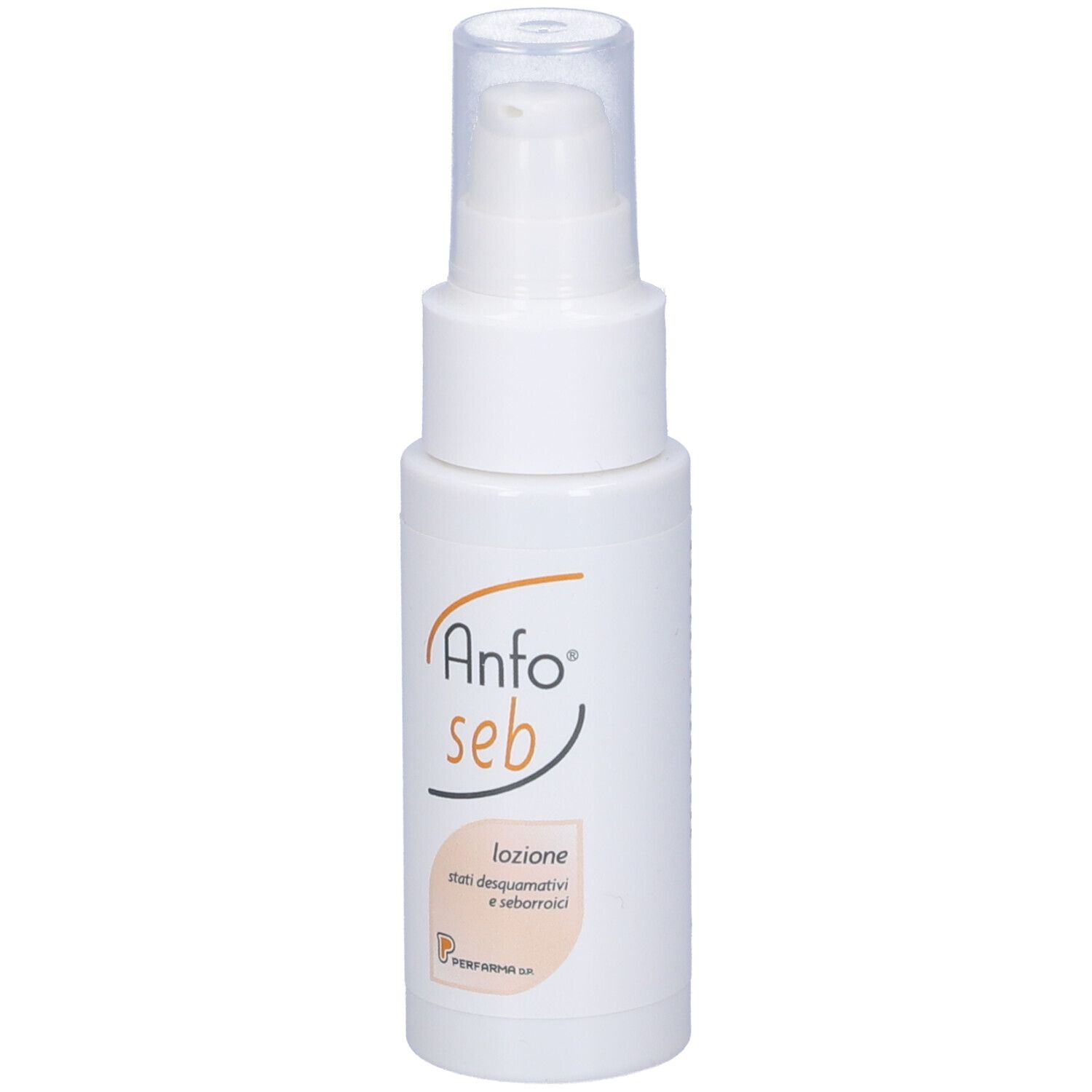 Flacone bianco con erogatore a spruzzo. Scritta: Anfo seb Lozione. Testo sul retro.