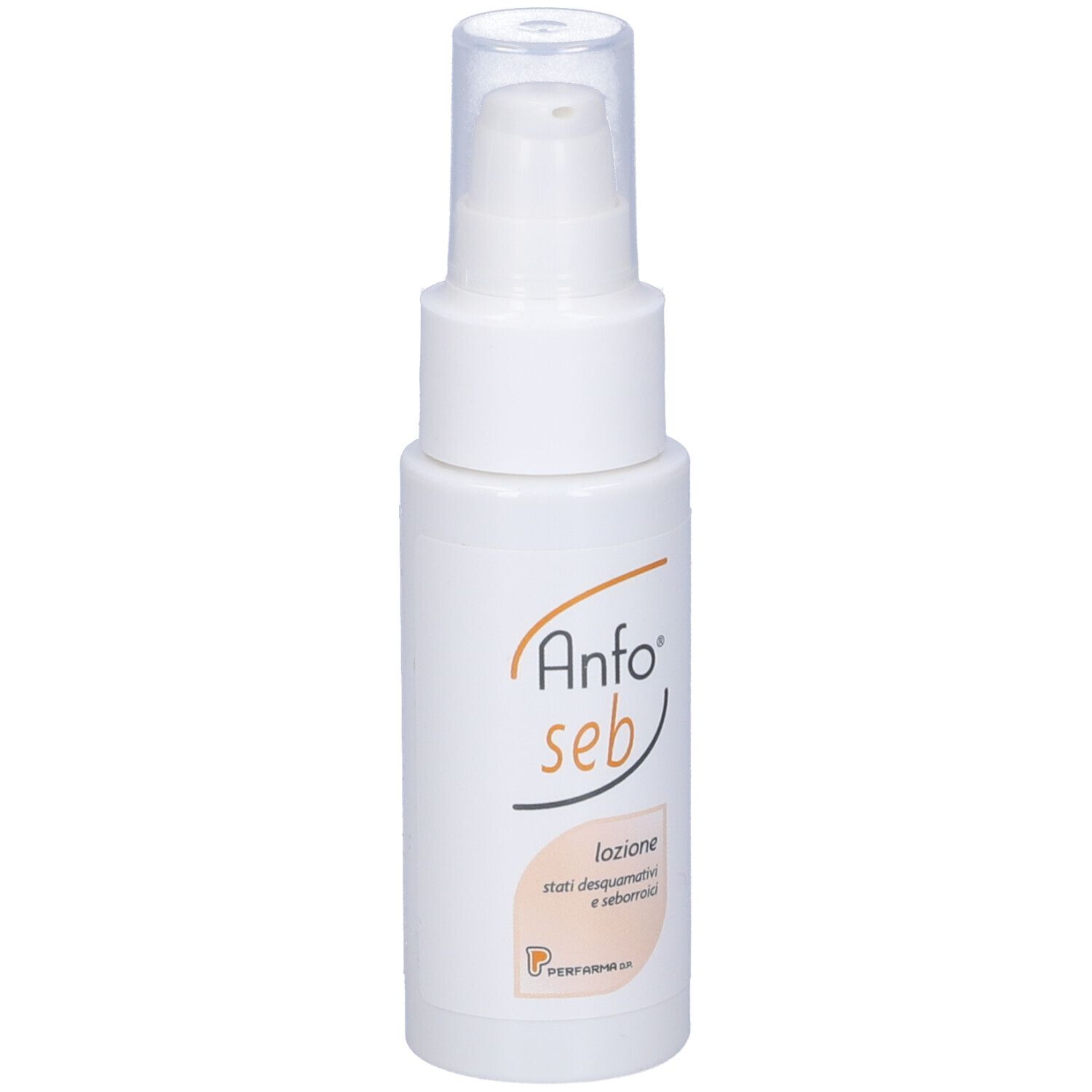 Flacone bianco con erogatore a spruzzo. Scritta: Anfo seb Lozione. Testo sul retro.