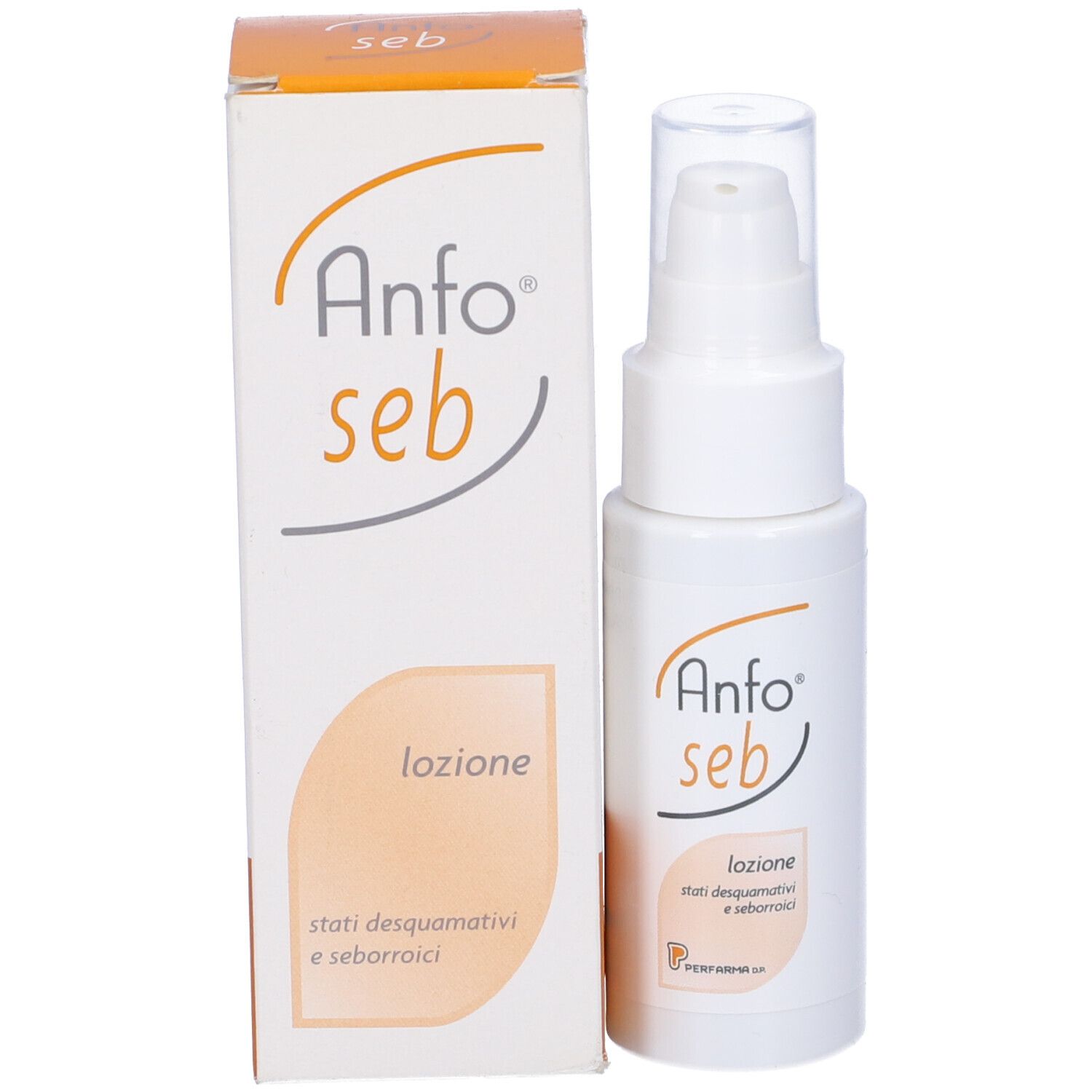 Confezione e flacone del prodotto. Scritta: Anfo seb Lozione. Flacone bianco con erogatore a spruzzo.