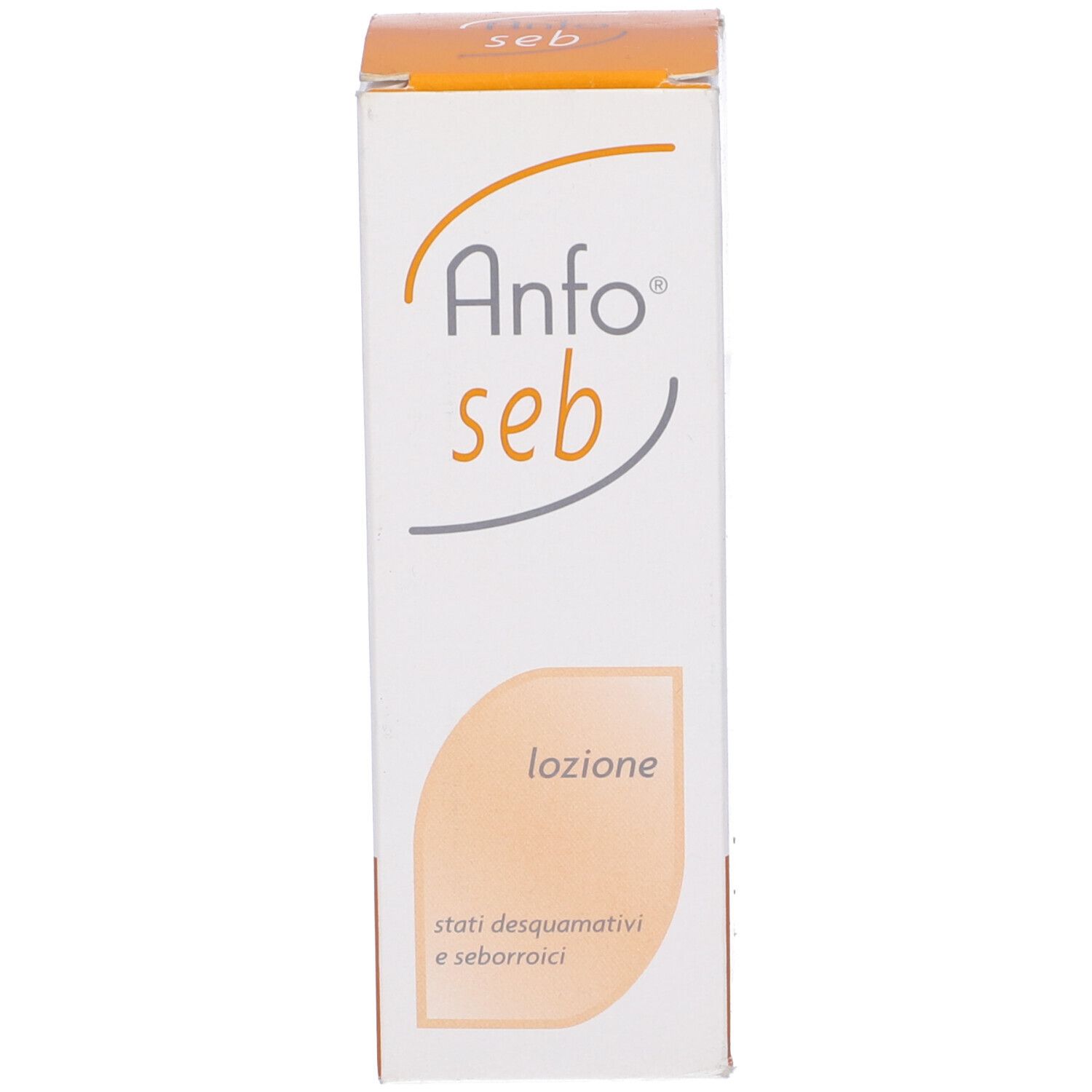 Confezione del prodotto. Scritta: Anfo seb Lozione. Superficie beige.