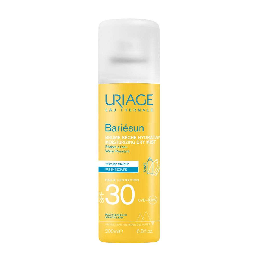 Flacone spray giallo, tappo bianco. Scritte: URIAGE, Bariésun, SPF30. Testo: Brume sèche hydratante.