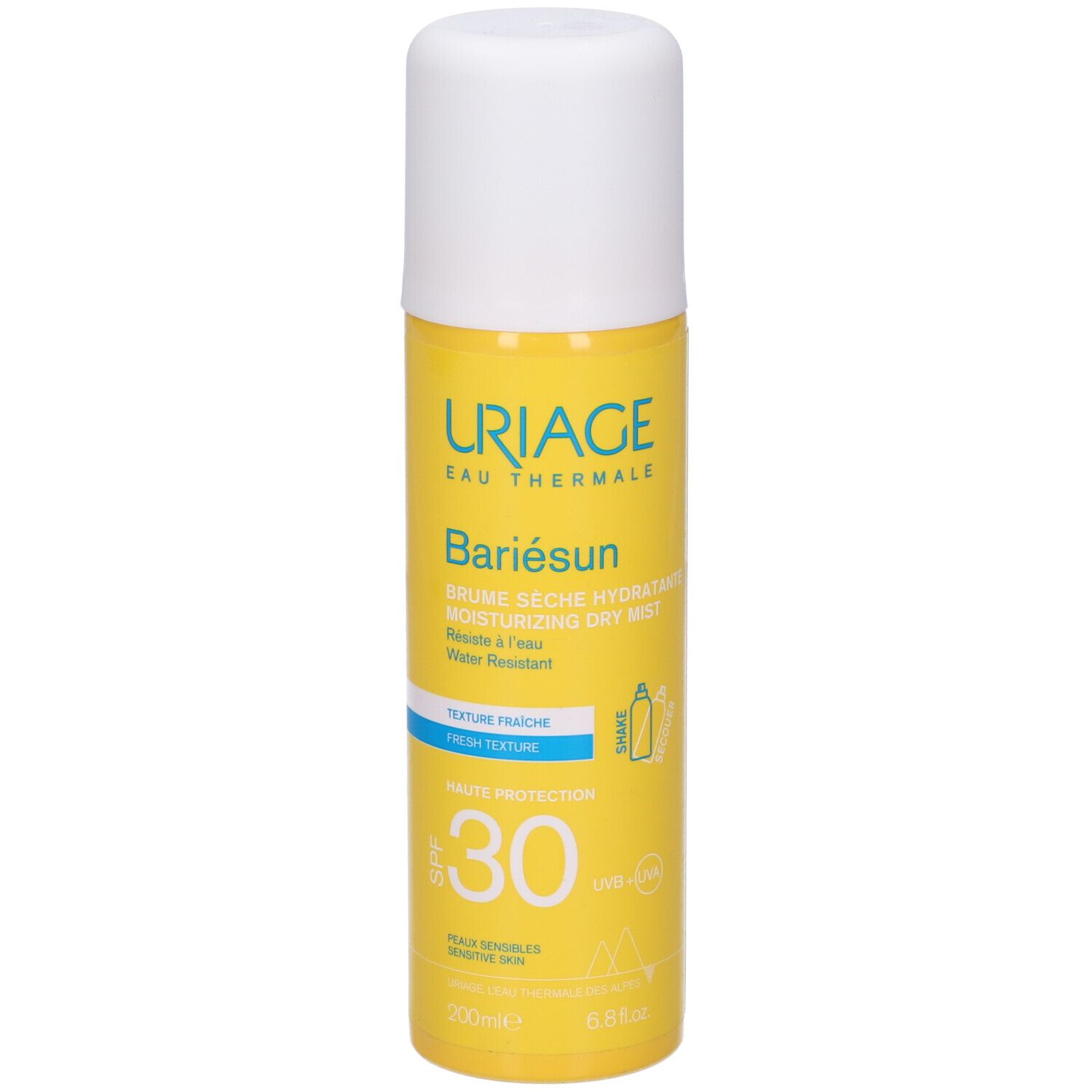 Flacone spray giallo, tappo bianco. Scritte: URIAGE, Bariésun, SPF30. Testo: Brume sèche hydratante.