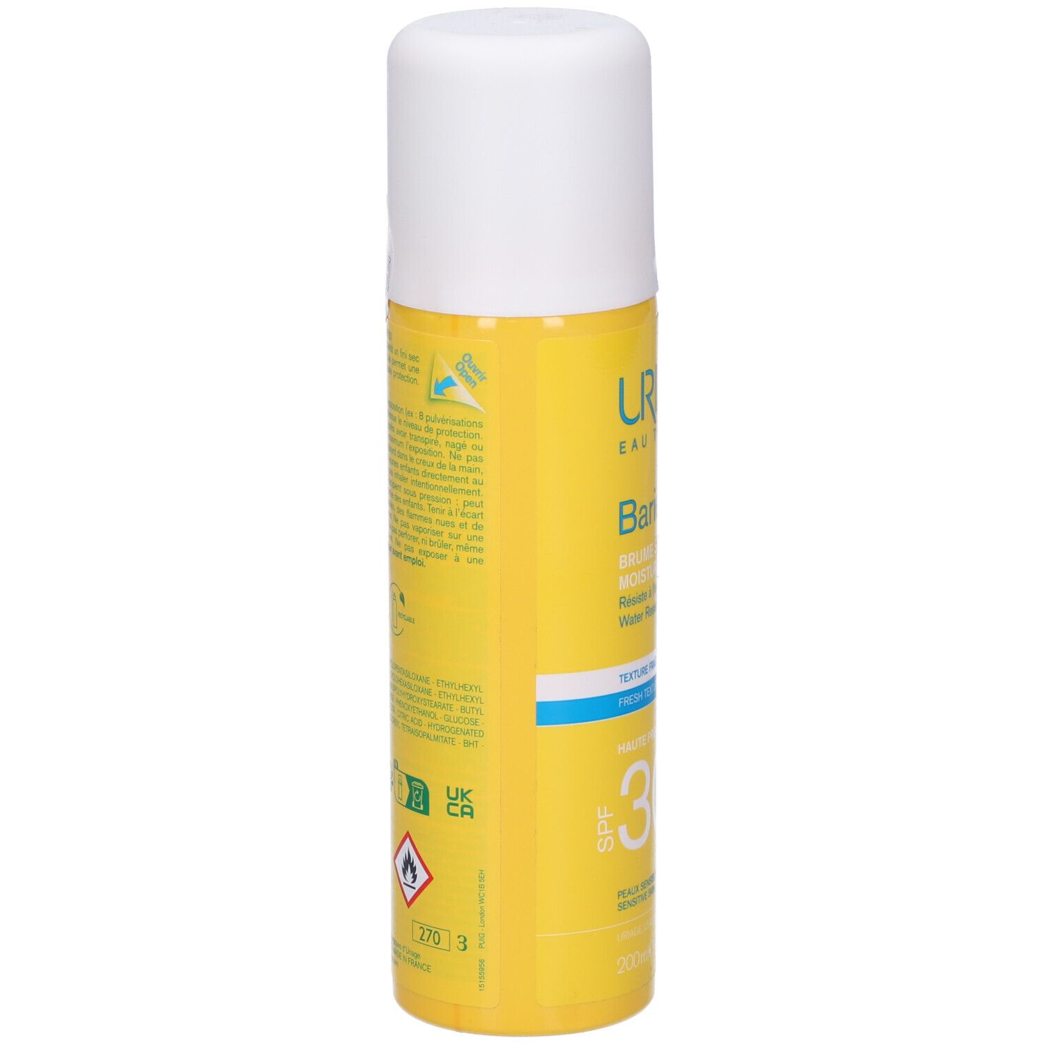 Flacone spray giallo, tappo bianco. Scritte: URIAGE, Bariésun, SPF30. Testo: Brume sèche hydratante.