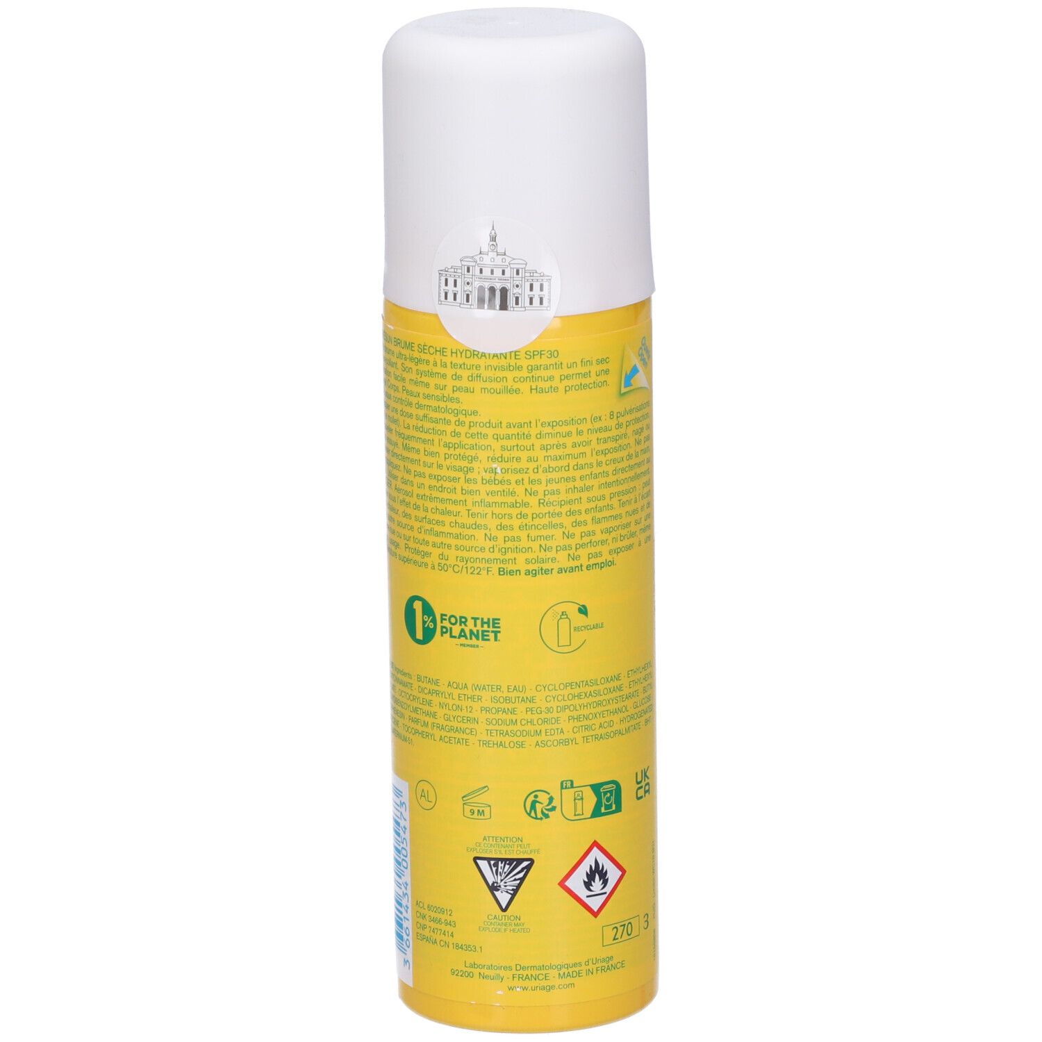 Flacone spray giallo, tappo bianco. Scritte: URIAGE, Bariésun, SPF30. Testo: Brume sèche hydratante.