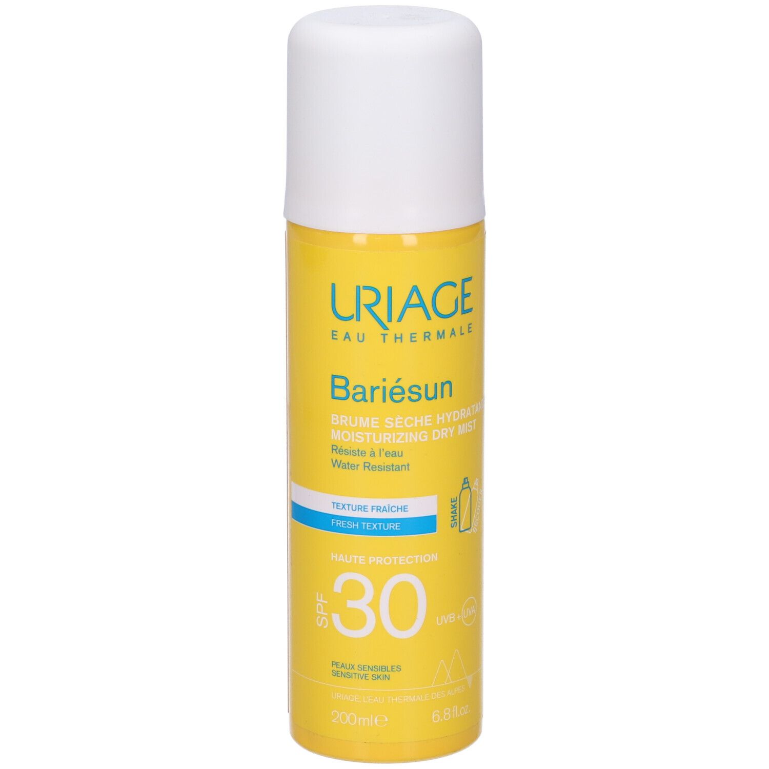 Flacone spray giallo, tappo bianco. Scritte: URIAGE, Bariésun, SPF30. Testo: Brume sèche hydratante.