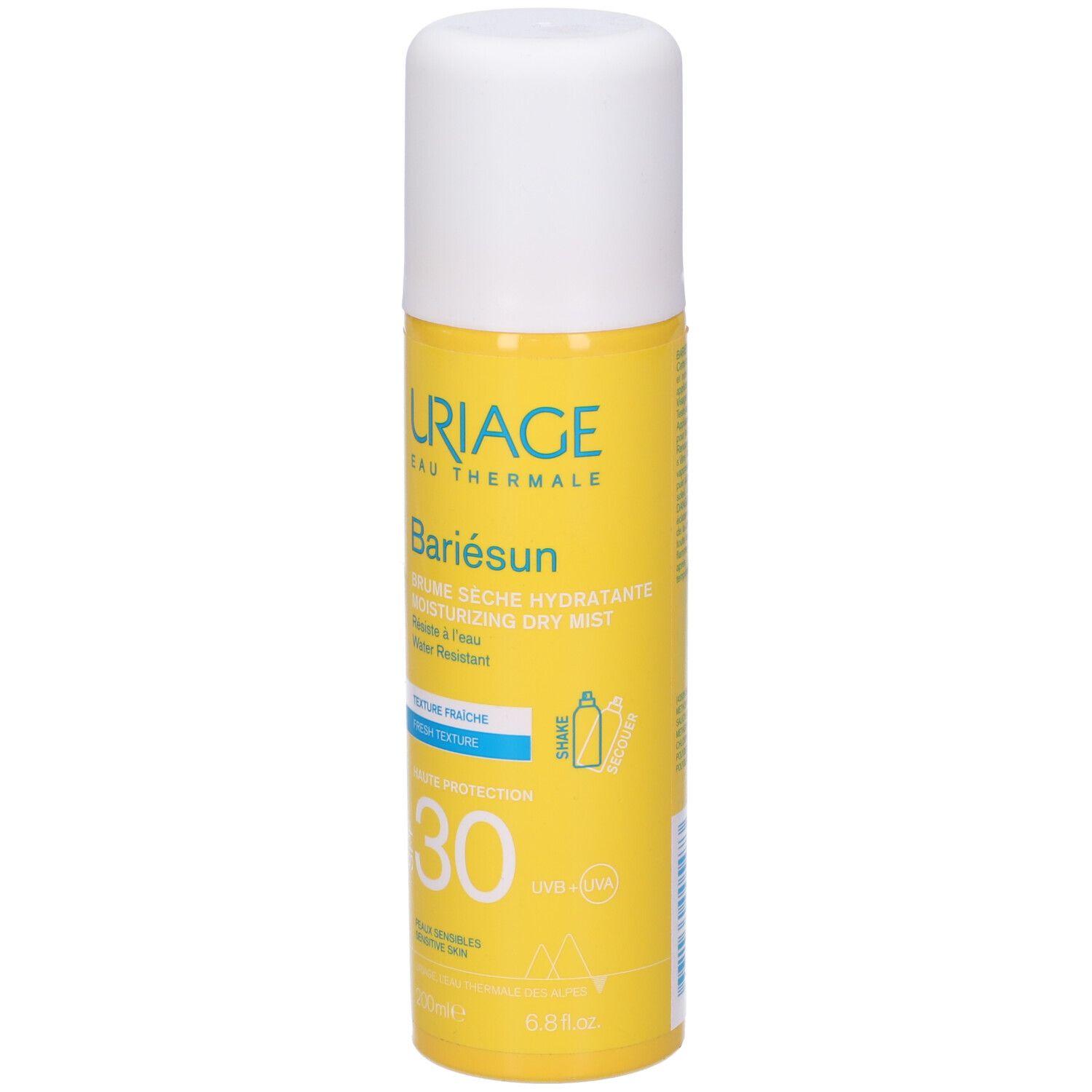 Flacone spray giallo, tappo bianco. Scritte: URIAGE, Bariésun, SPF30. Testo: Brume sèche hydratante.
