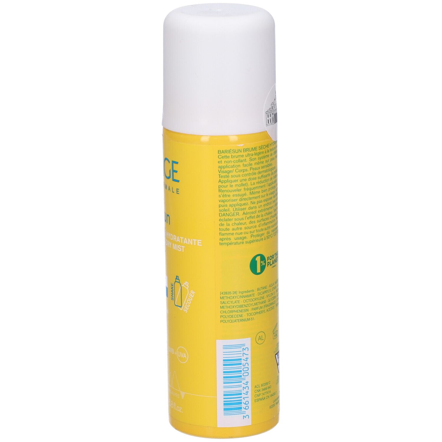 Flacone spray giallo, tappo bianco. Scritte: URIAGE, Bariésun, SPF30. Testo: Brume sèche hydratante.