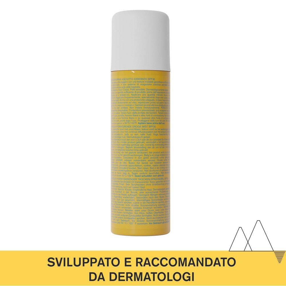 Flacone spray giallo. Testo: Sviluppato e raccomandato da dermatologi.