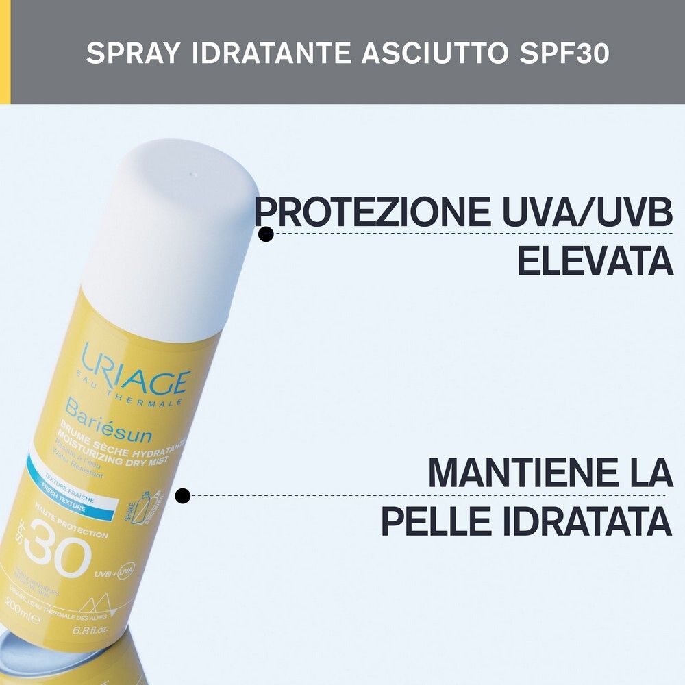Flacone spray giallo. Testo: Alta protezione UVA/UVB, mantiene la pelle idratata.